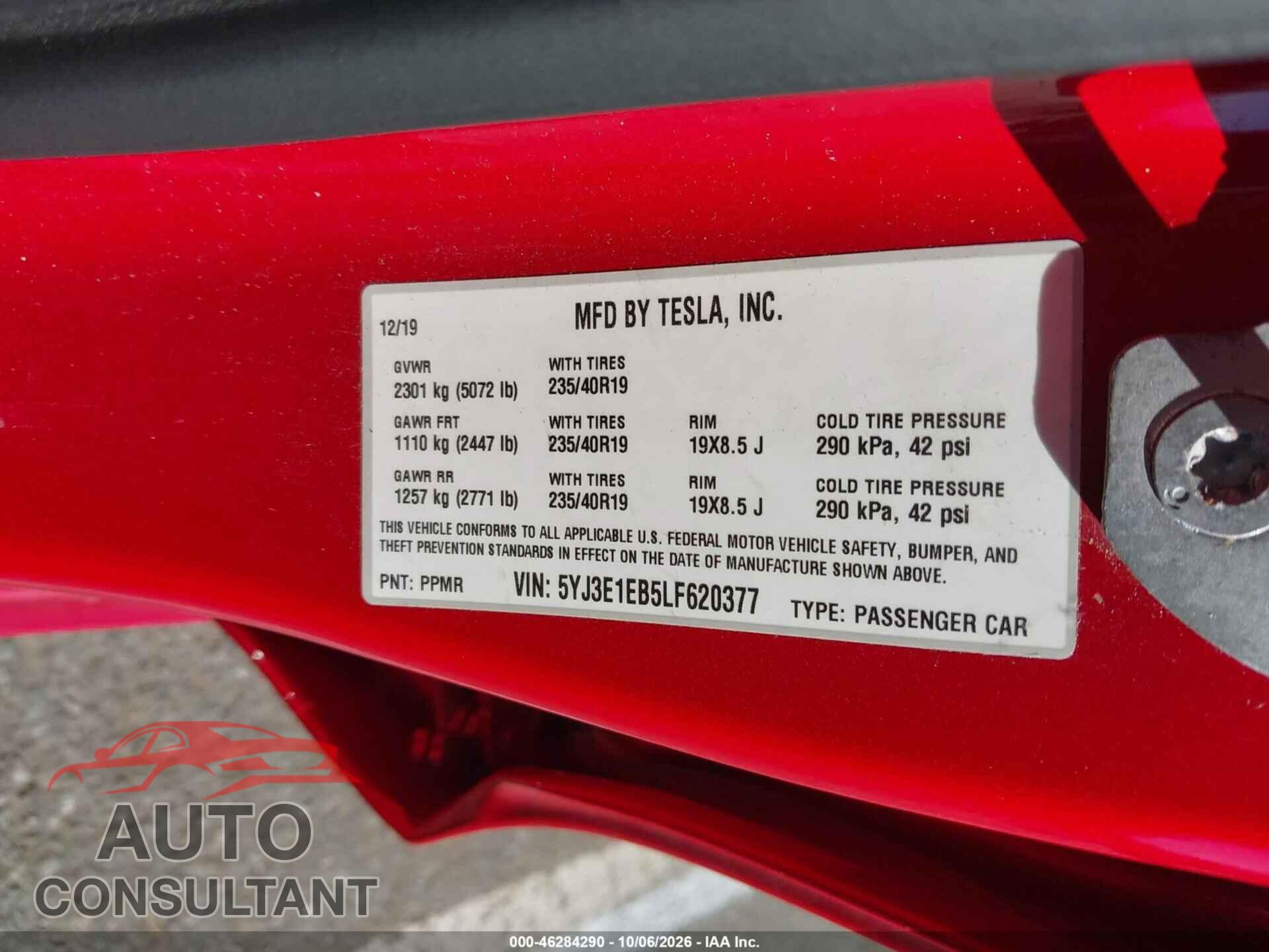 TESLA MODEL 3 2020 - 5YJ3E1EB5LF620377