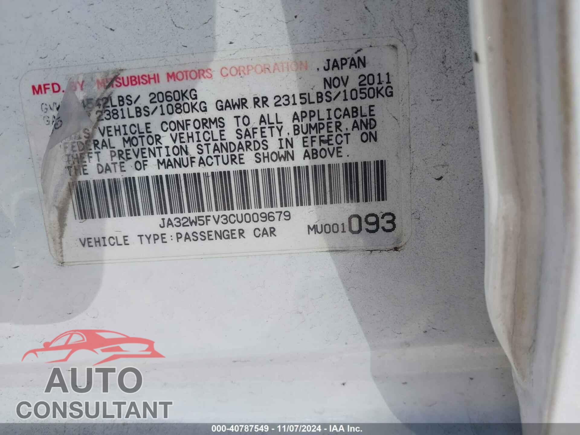 MITSUBISHI LANCER EVOLUTION 2012 - JA32W5FV3CU009679