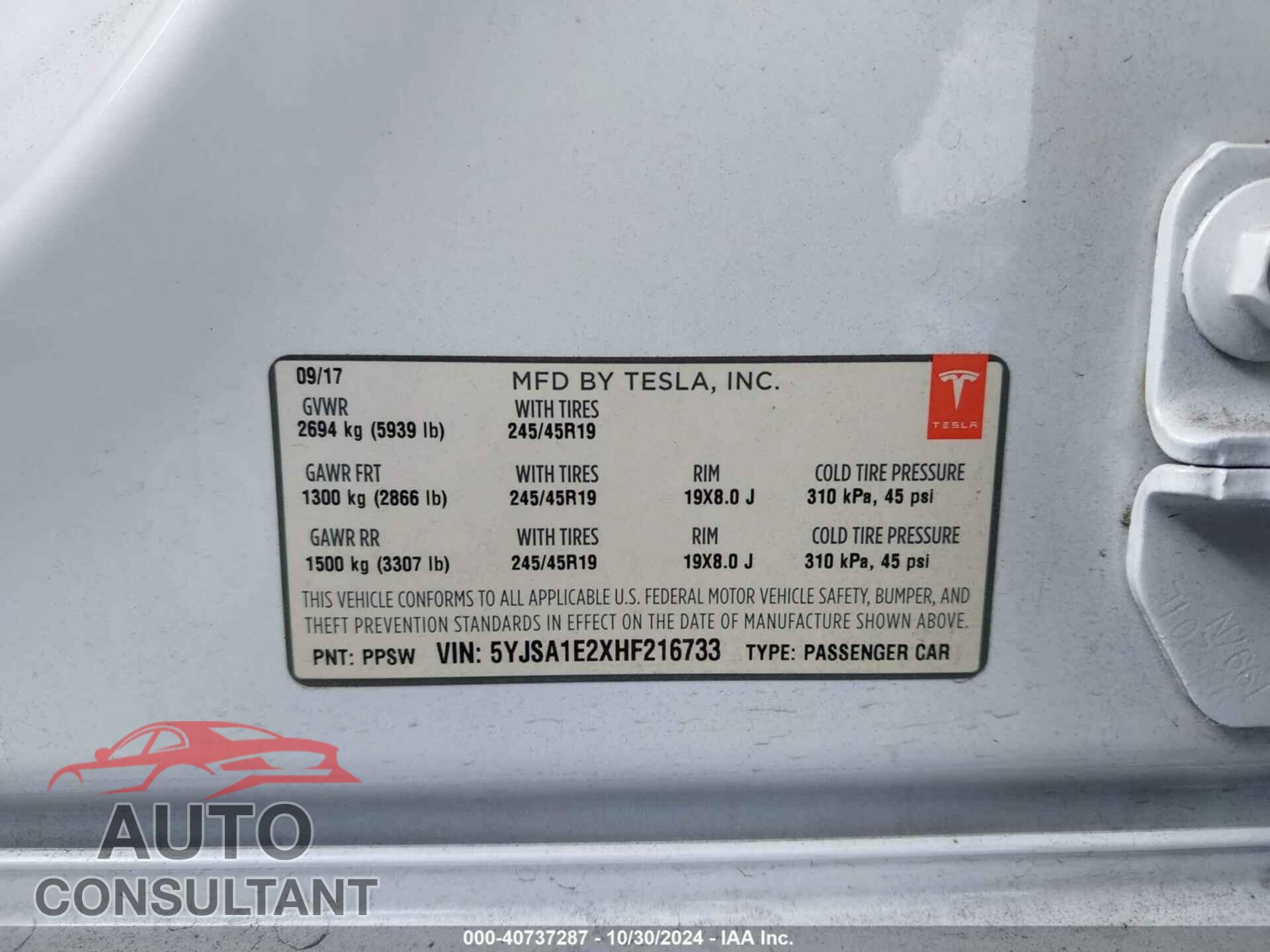 TESLA MODEL S 2017 - 5YJSA1E2XHF216733