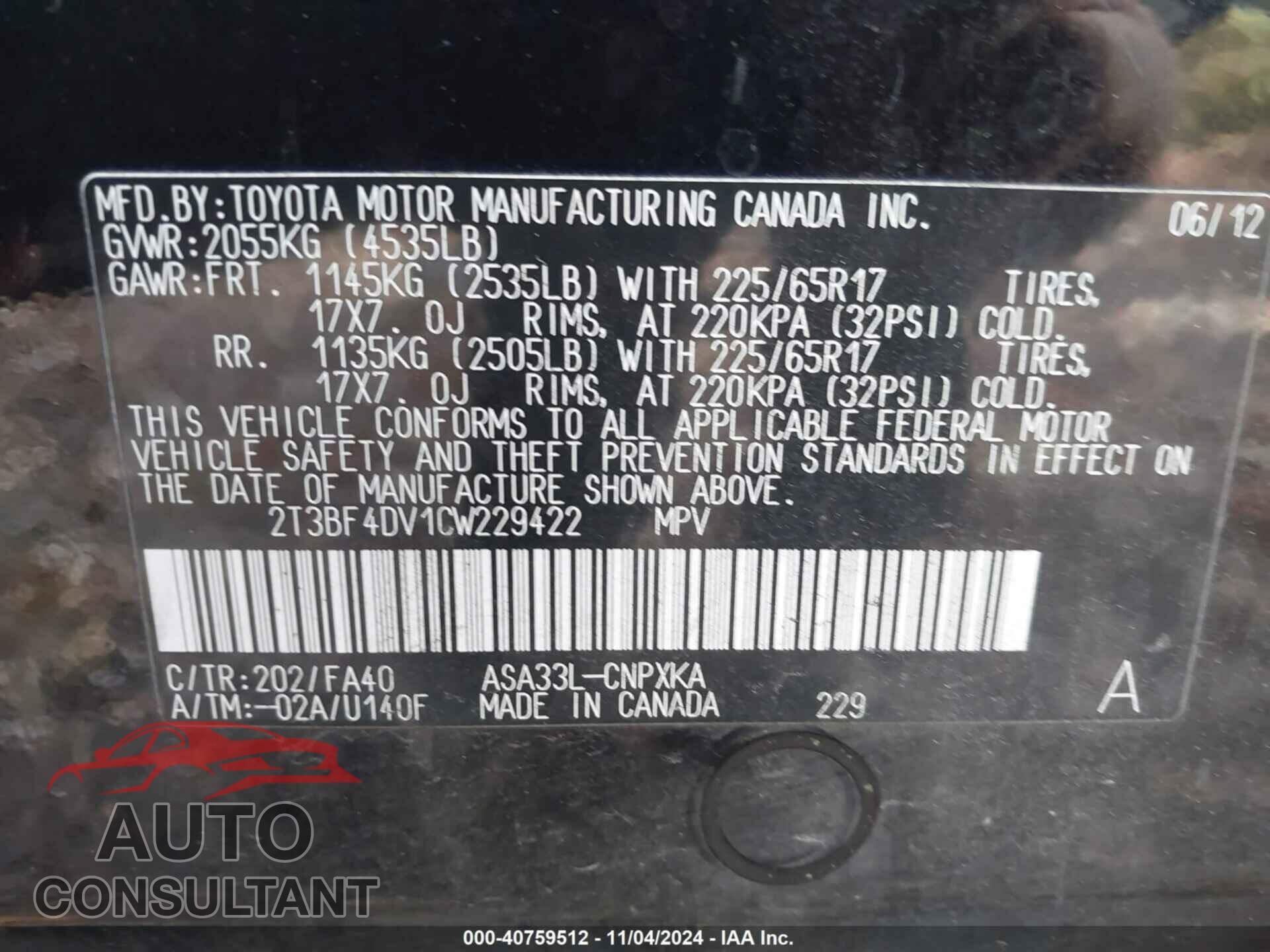 TOYOTA RAV4 2012 - 2T3BF4DV1CW229422