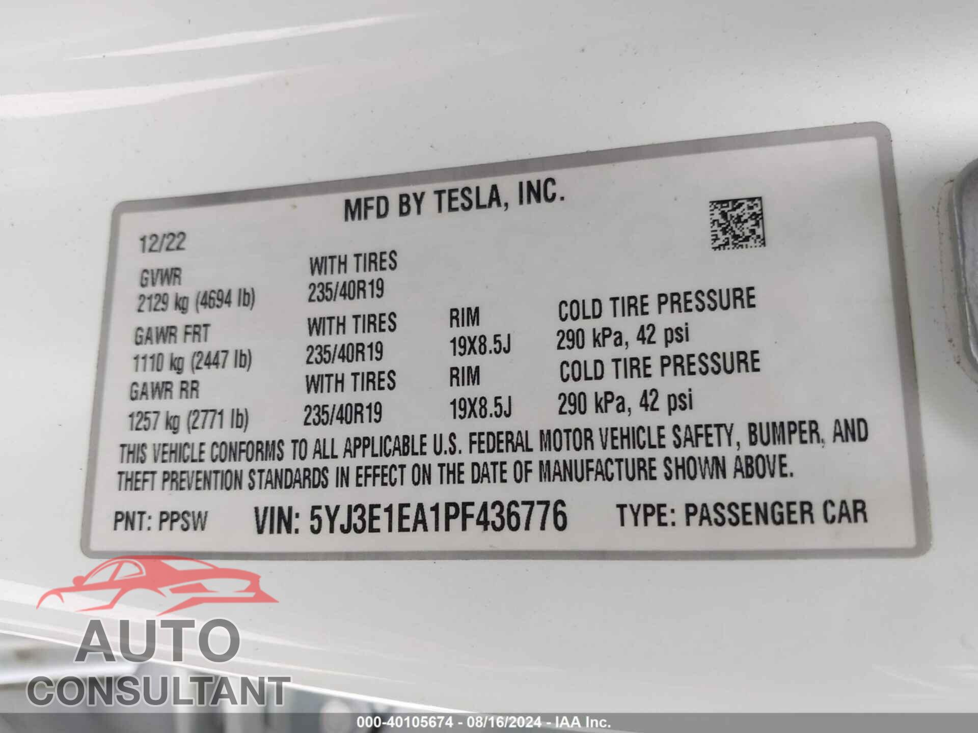 TESLA MODEL 3 2023 - 5YJ3E1EA1PF436776