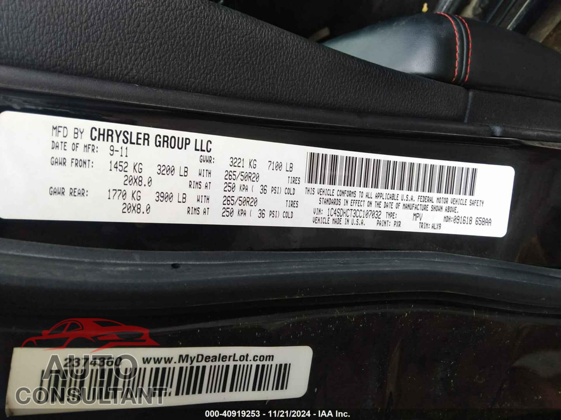 DODGE DURANGO 2012 - 1C4SDHCT3CC107032
