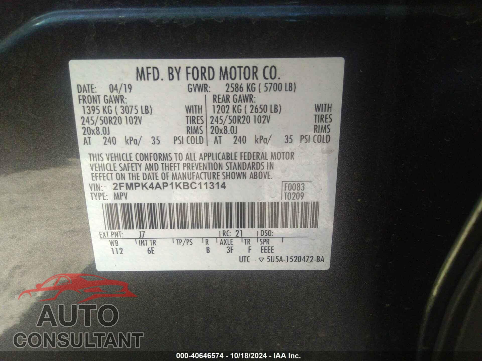 FORD EDGE 2019 - 2FMPK4AP1KBC11314