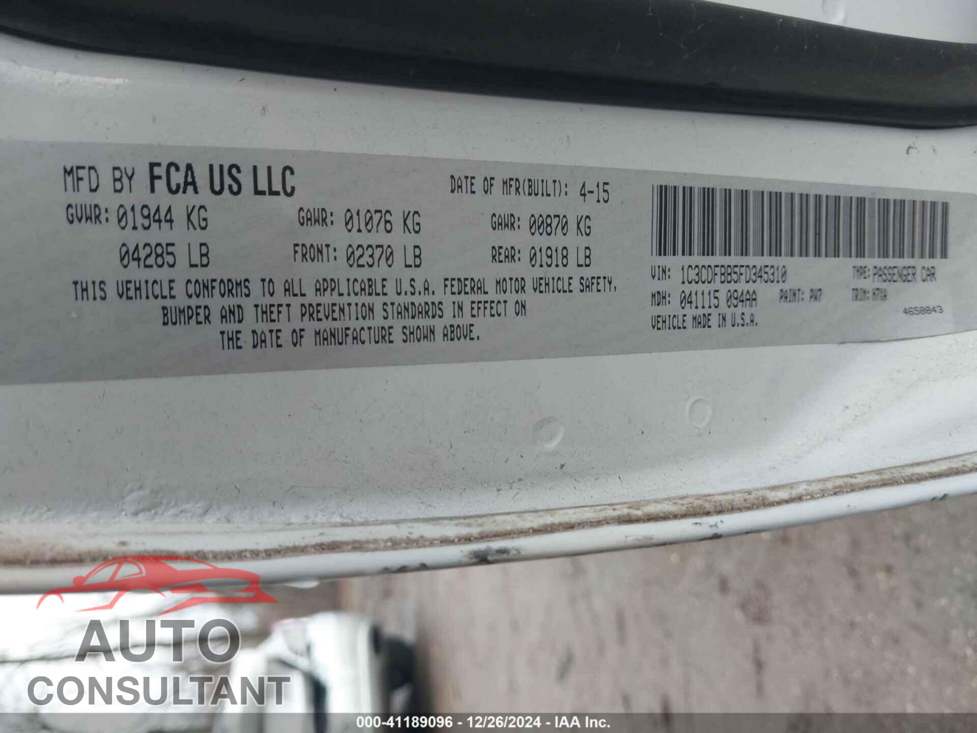DODGE DART 2015 - 1C3CDFBB5FD345310