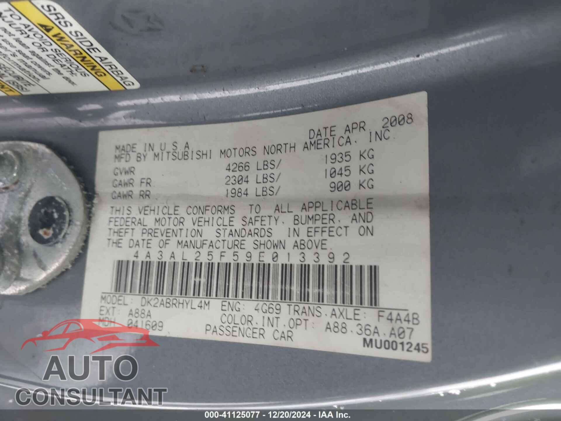 MITSUBISHI ECLIPSE SPYDER 2009 - 4A3AL25F59E013392