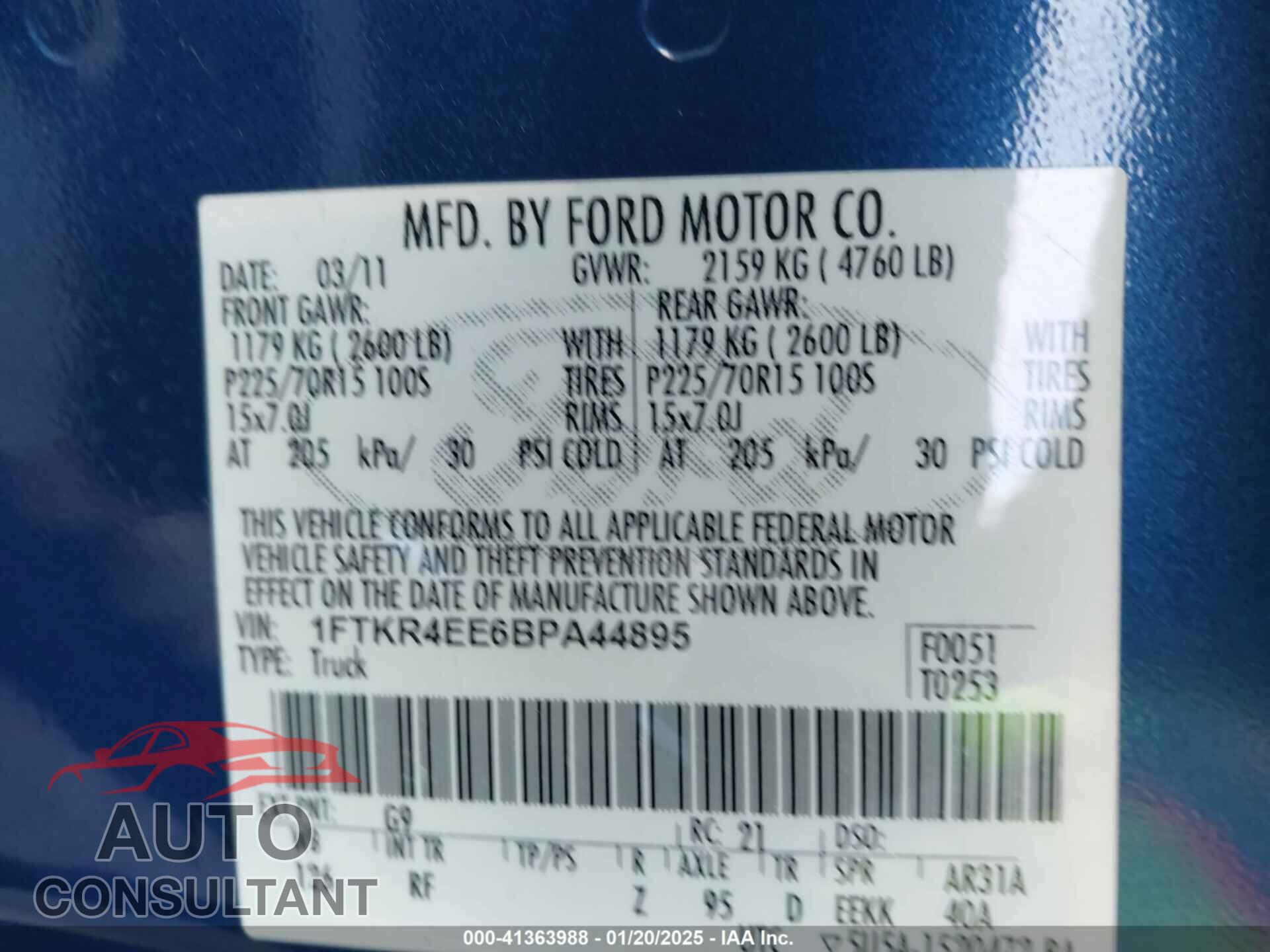 FORD RANGER 2011 - 1FTKR4EE6BPA44895
