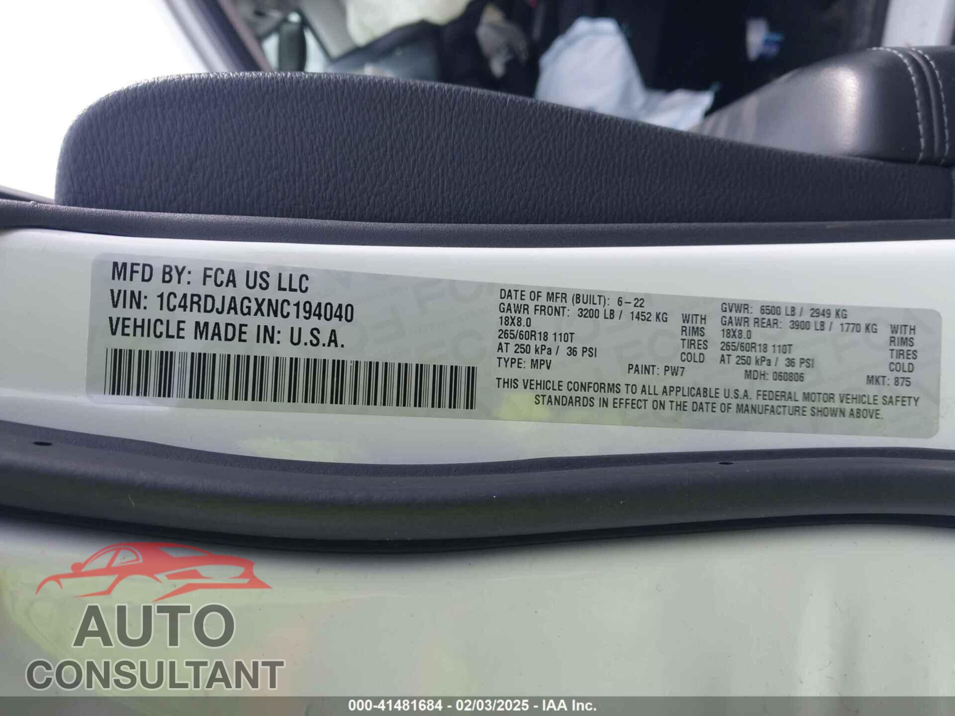 DODGE DURANGO 2022 - 1C4RDJAGXNC194040
