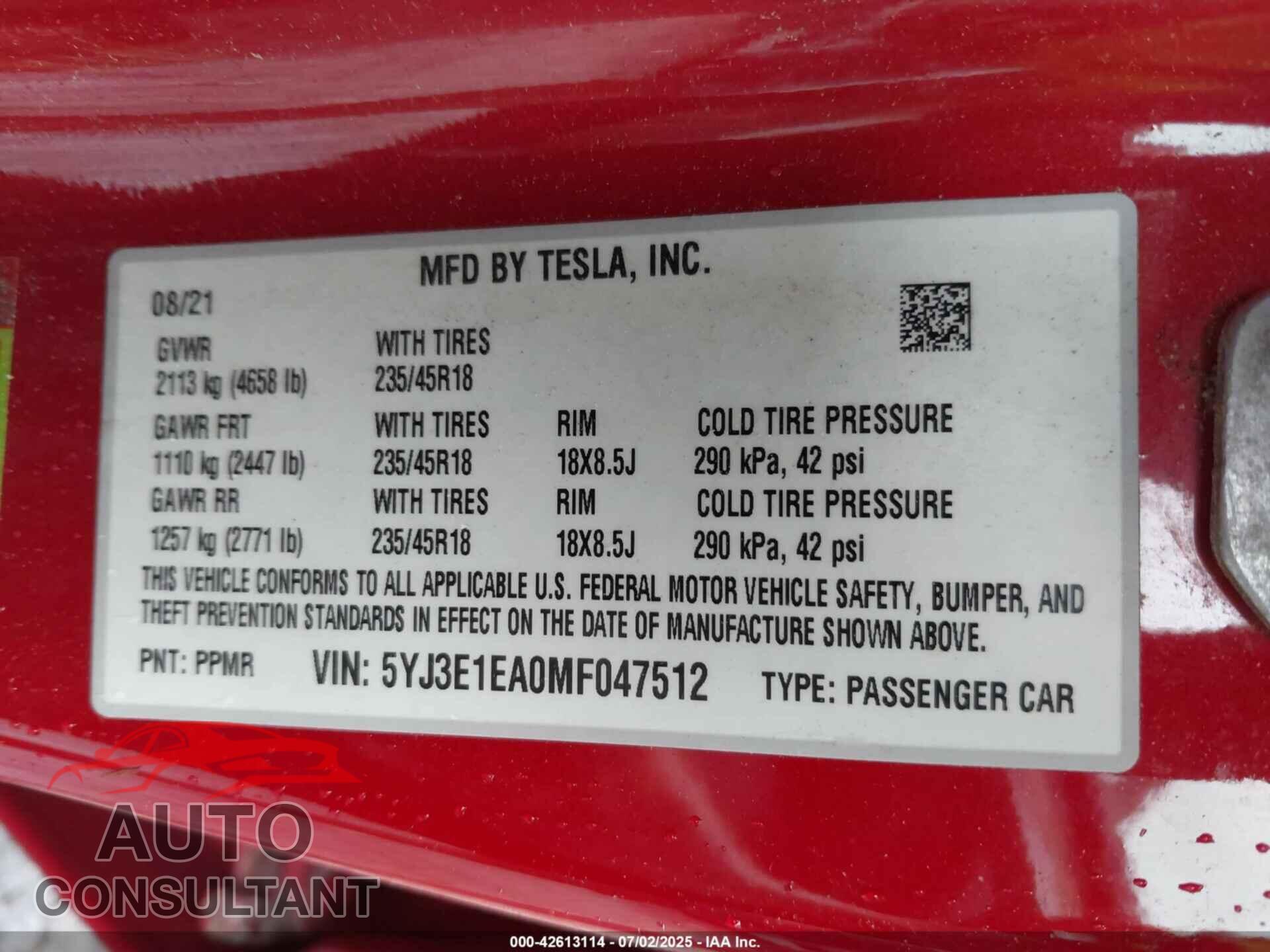 TESLA MODEL 3 2021 - 5YJ3E1EA0MF047512