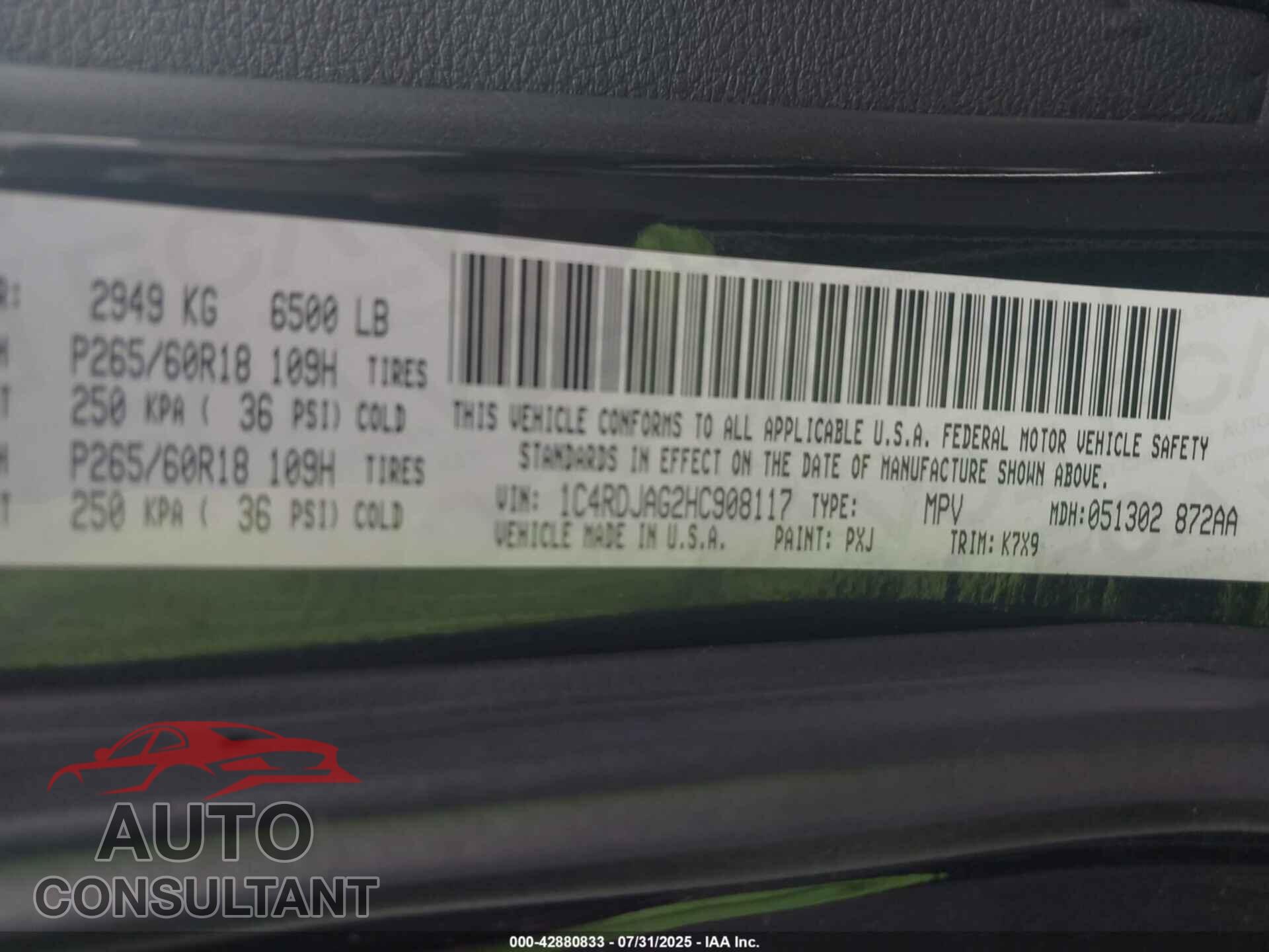 DODGE DURANGO 2017 - 1C4RDJAG2HC908117