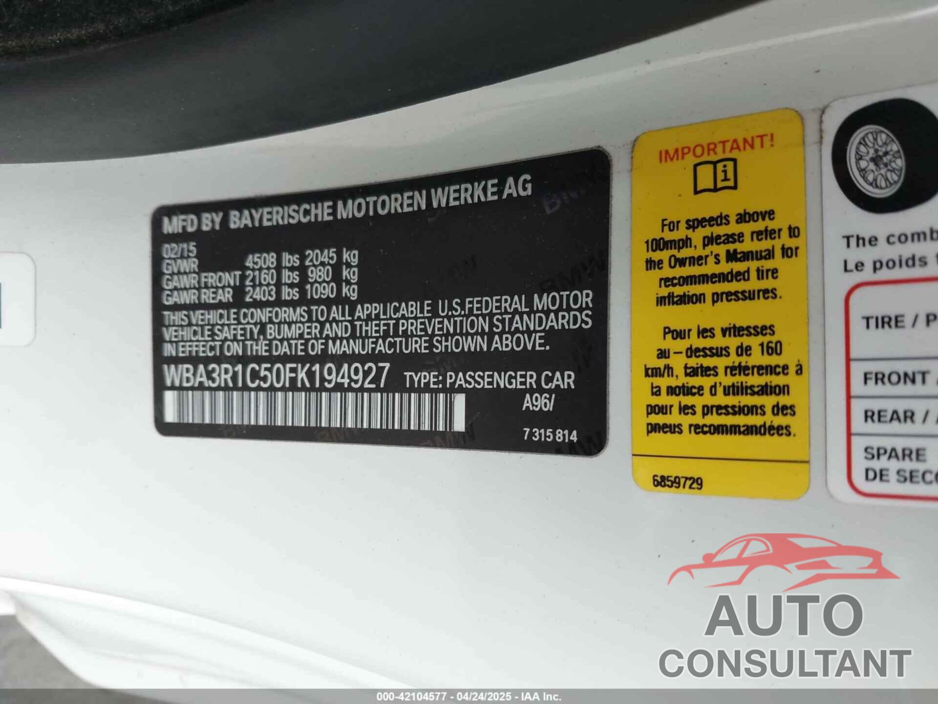 BMW 435I 2015 - WBA3R1C50FK194927