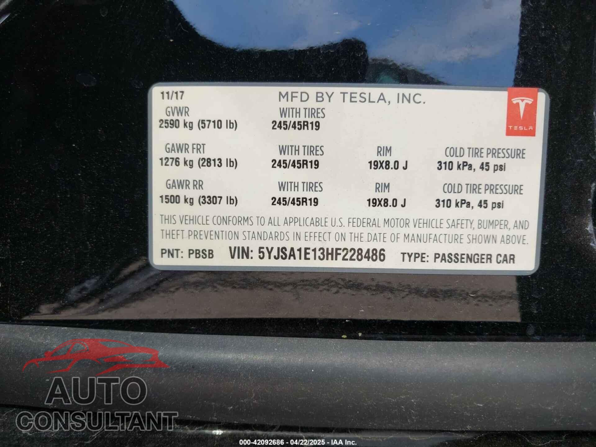 TESLA MODEL S 2017 - 5YJSA1E13HF228486