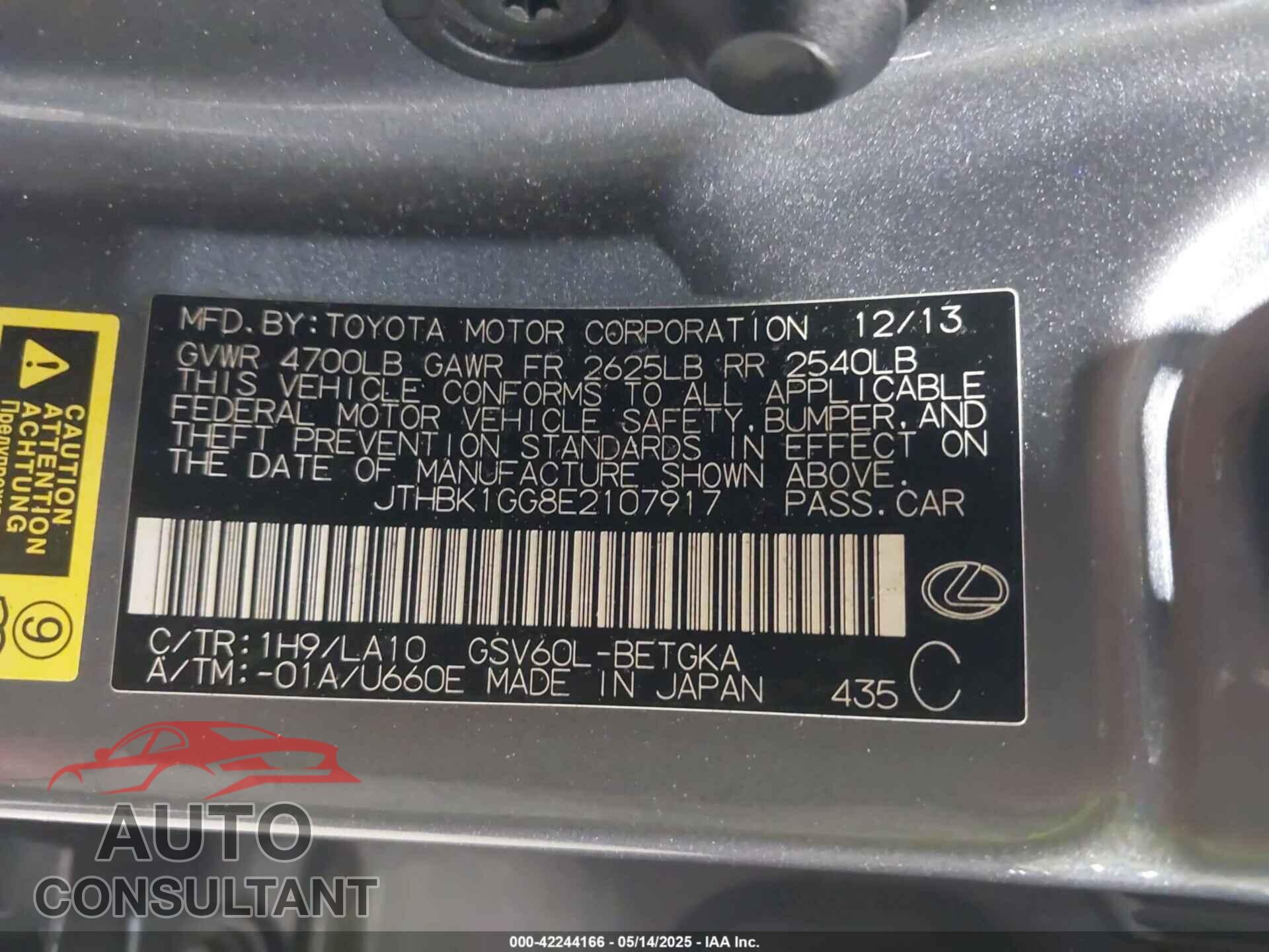 LEXUS ES 2014 - JTHBK1GG8E2107917
