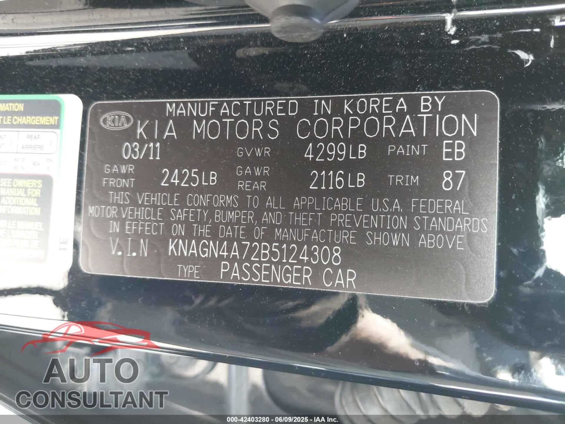 KIA OPTIMA 2011 - KNAGN4A72B5124308