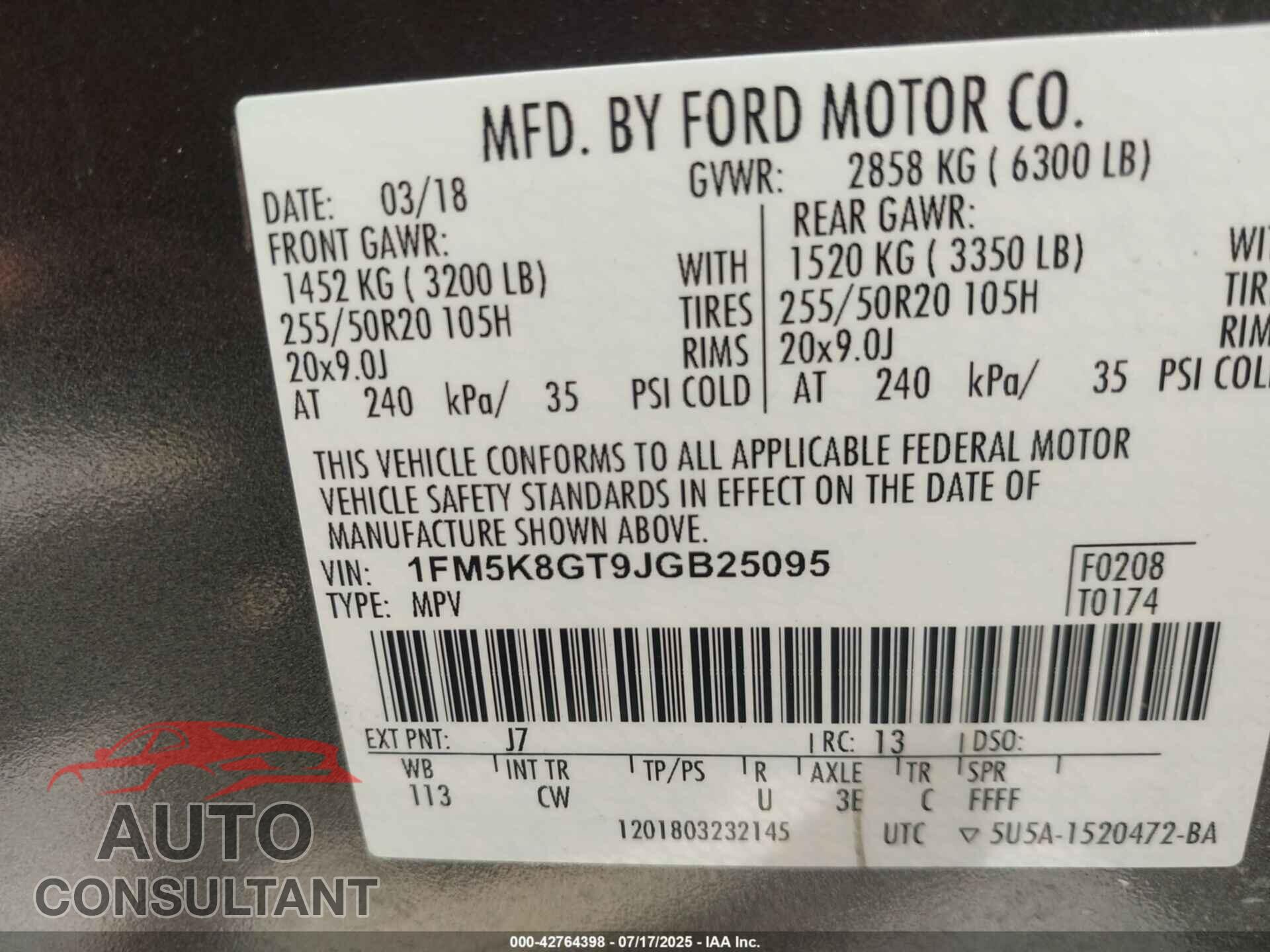 FORD EXPLORER 2018 - 1FM5K8GT9JGB25095