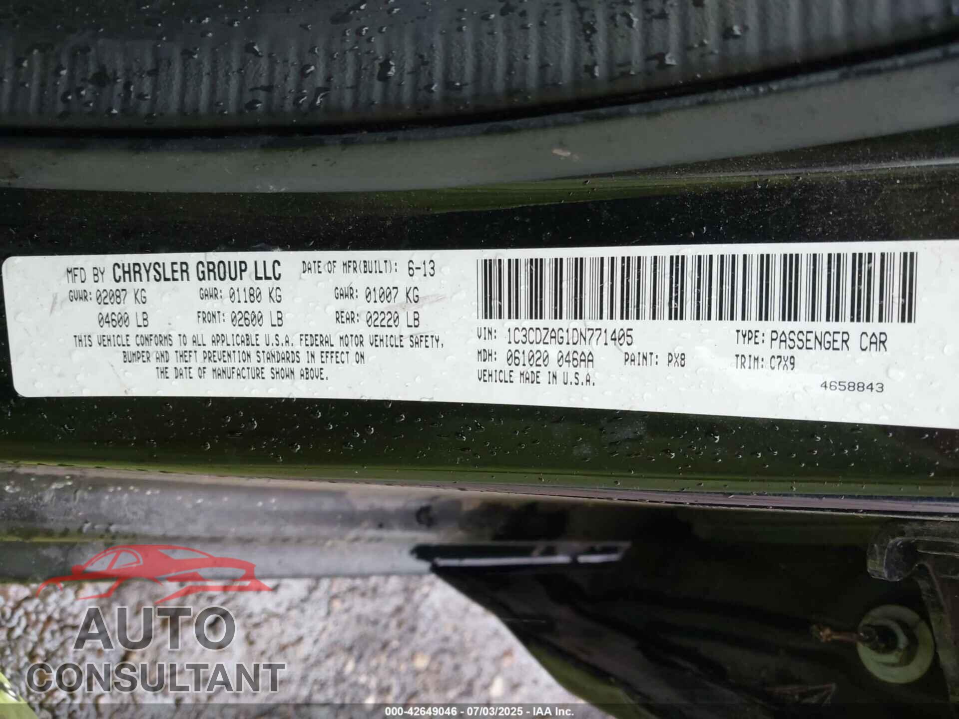 DODGE AVENGER 2013 - 1C3CDZAG1DN771405