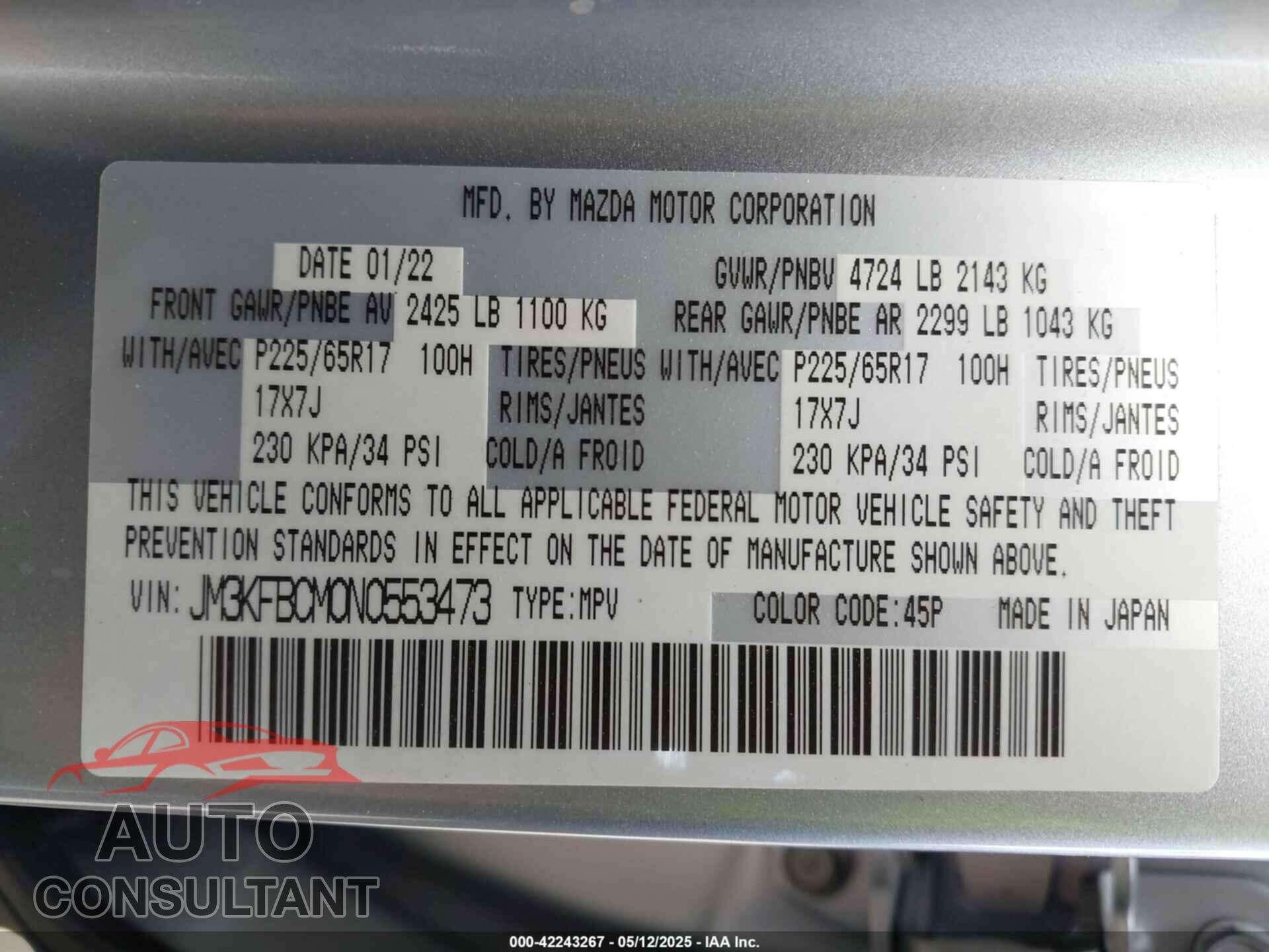 MAZDA CX-5 2022 - JM3KFBCM0N0553473