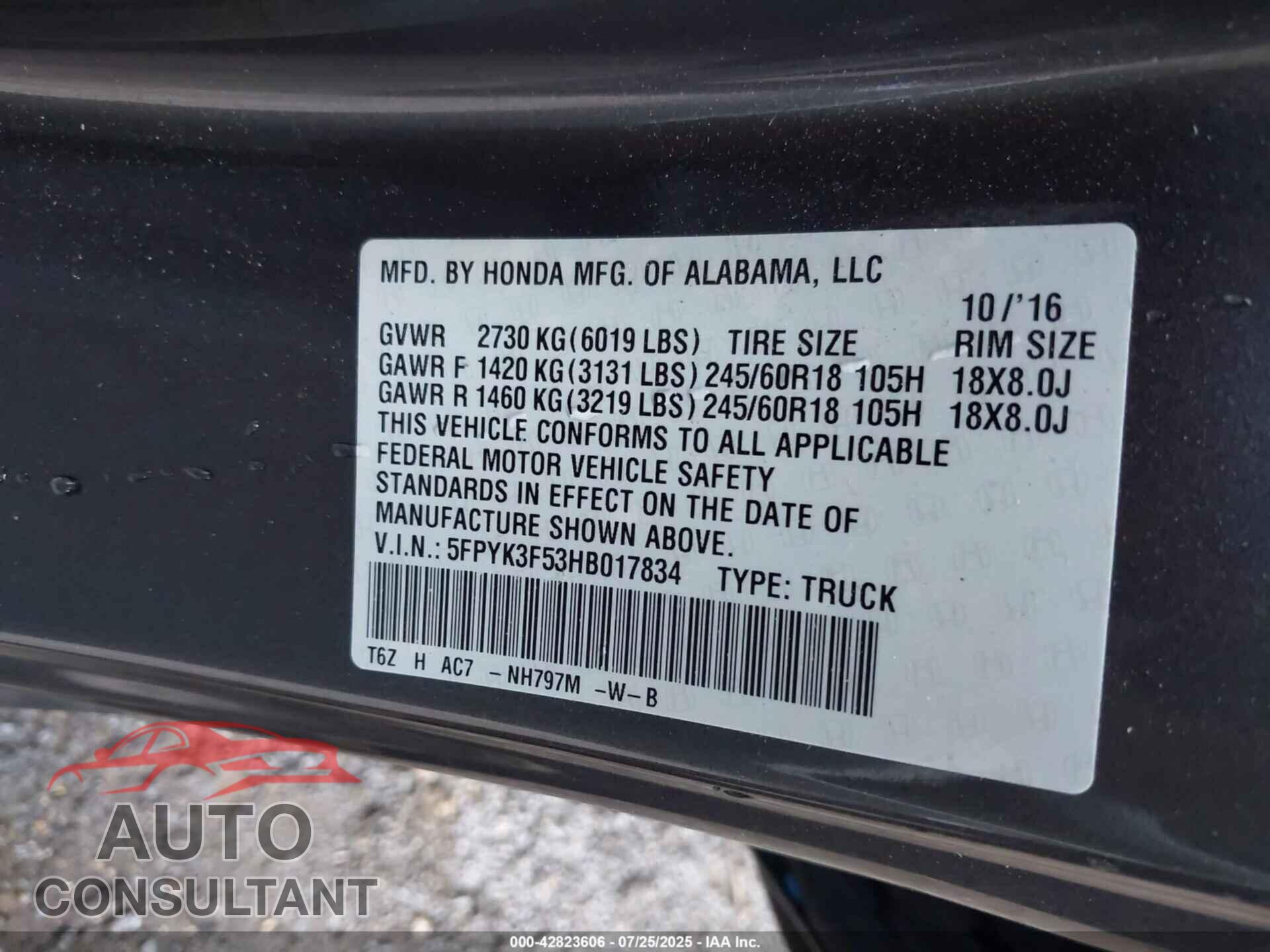 HONDA RIDGELINE 2017 - 5FPYK3F53HB017834