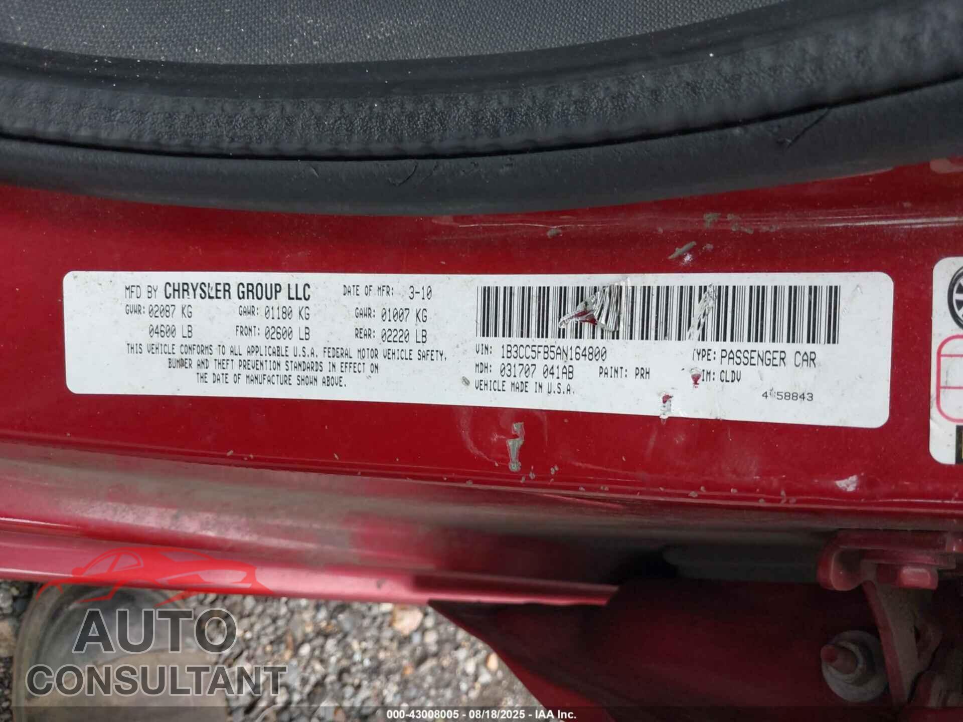 DODGE AVENGER 2010 - 1B3CC5FB5AN164800