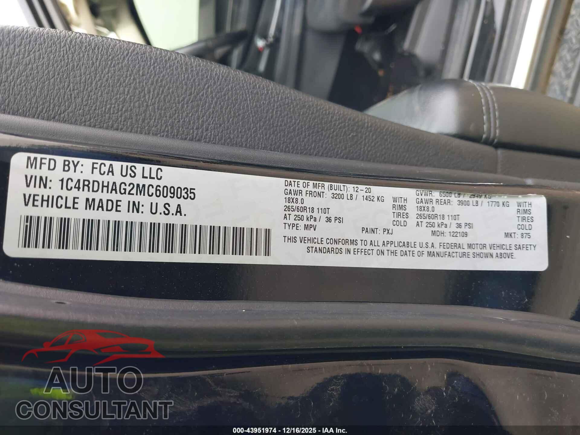 DODGE DURANGO 2021 - 1C4RDHAG2MC609035