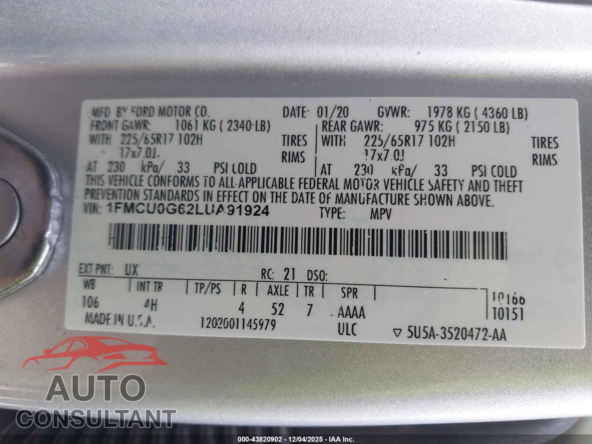 FORD ESCAPE 2020 - 1FMCU0G62LUA91924