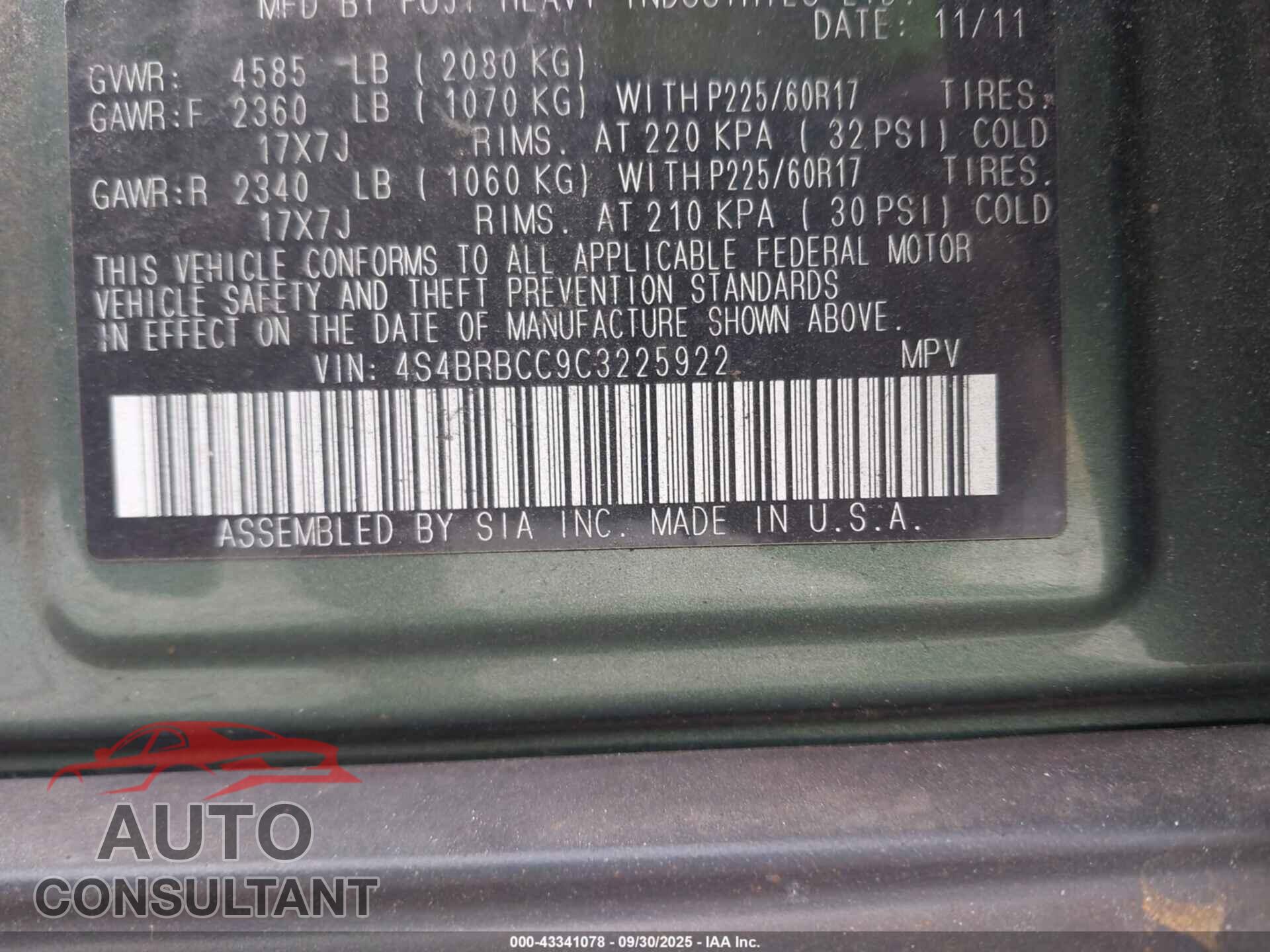 SUBARU OUTBACK 2012 - 4S4BRBCC9C3225922