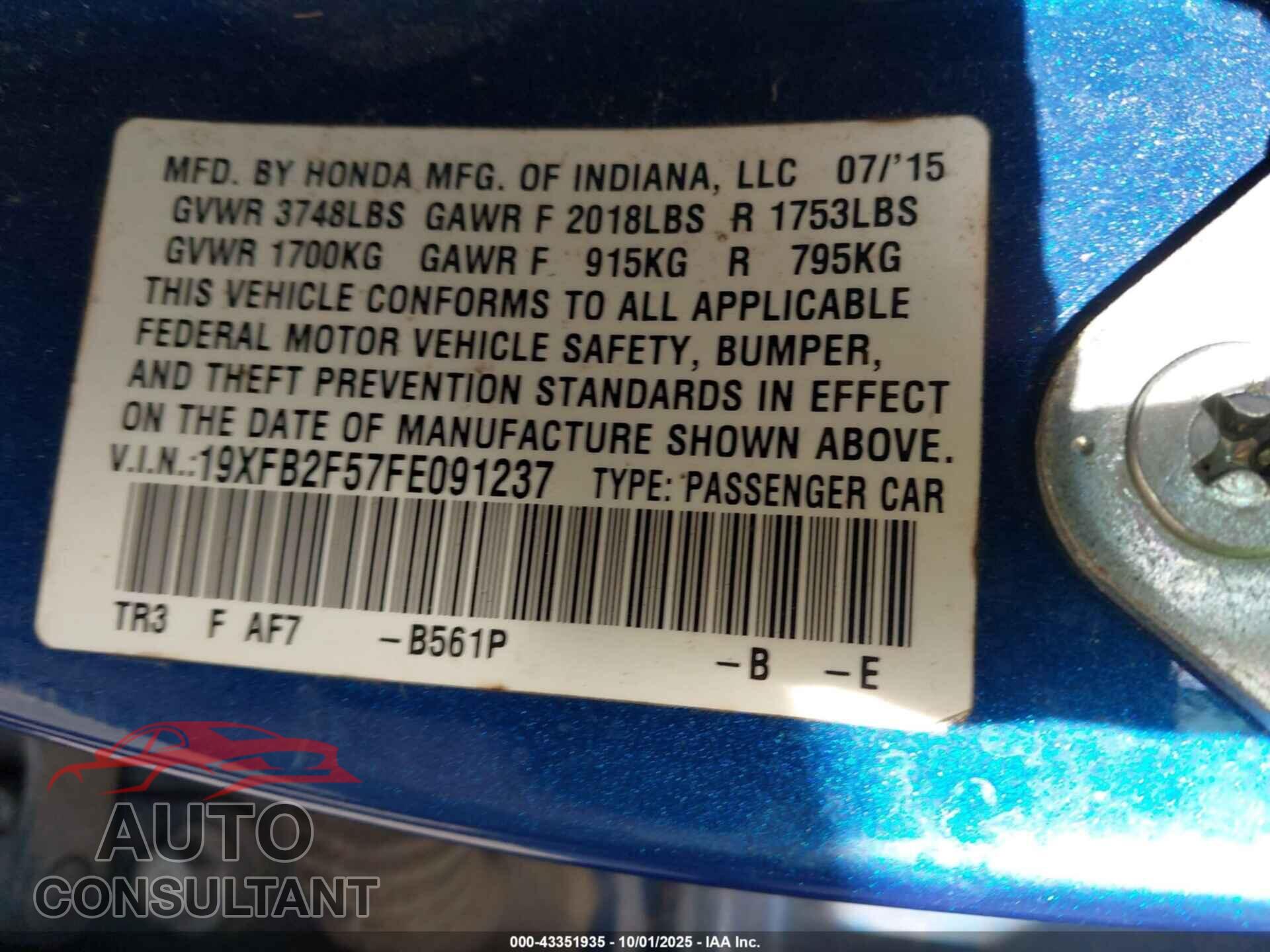HONDA CIVIC 2015 - 19XFB2F57FE091237
