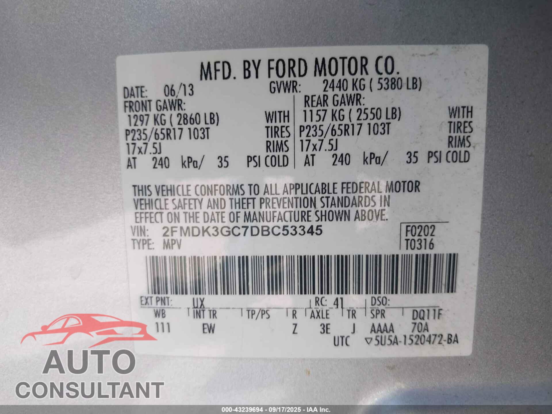 FORD EDGE 2013 - 2FMDK3GC7DBC53345
