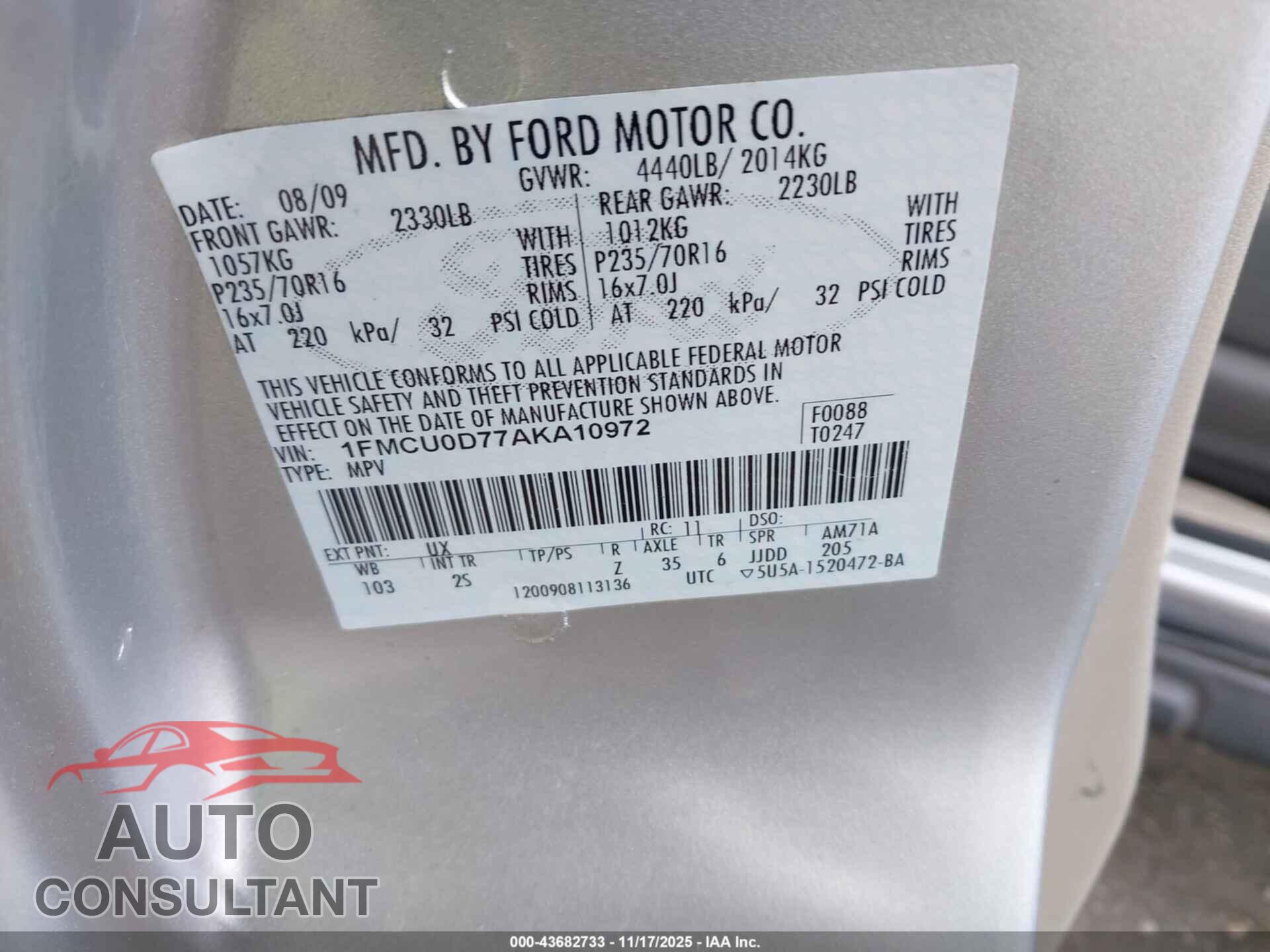 FORD ESCAPE 2010 - 1FMCU0D77AKA10972