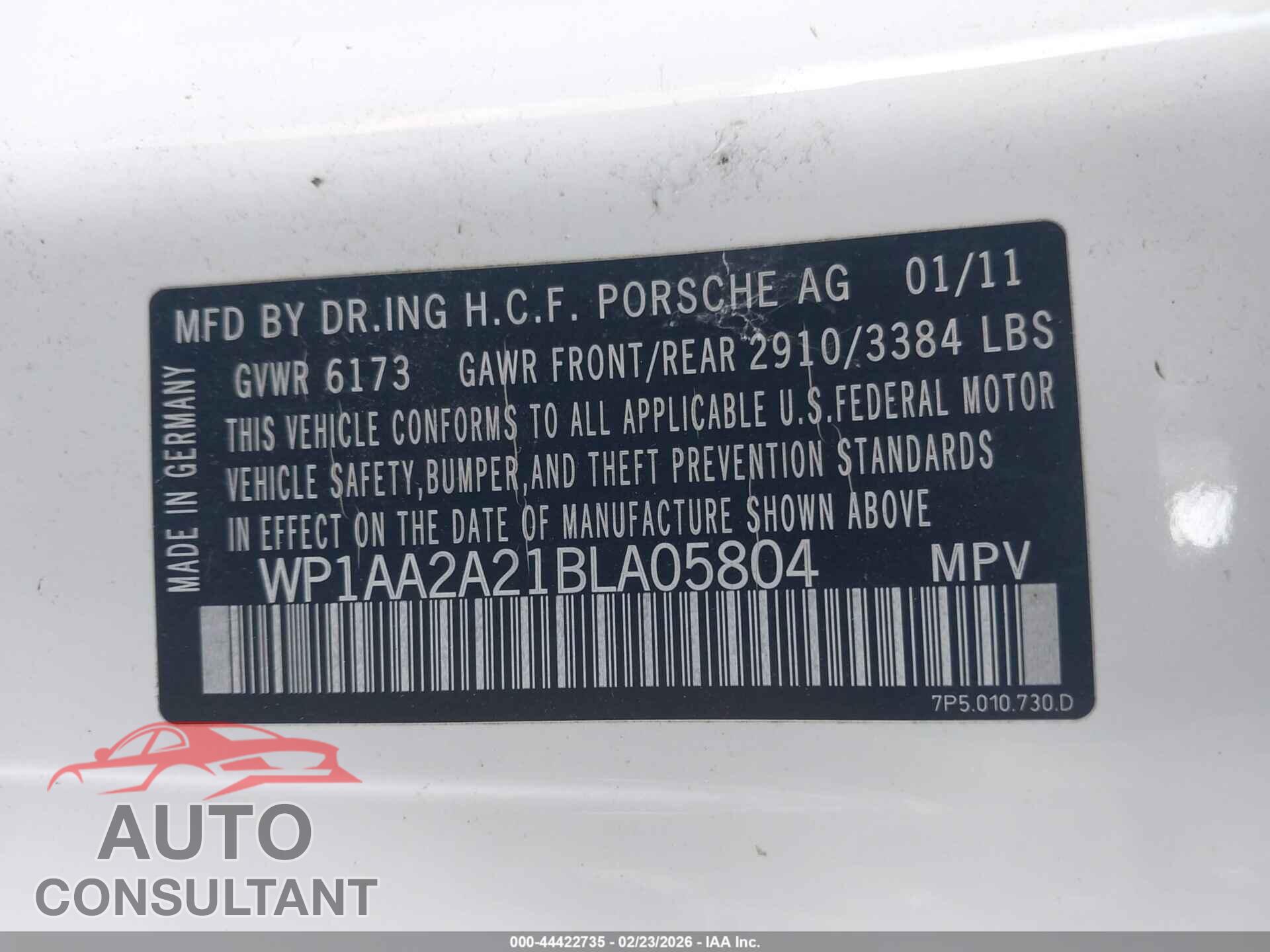 PORSCHE CAYENNE 2011 - WP1AA2A21BLA05804