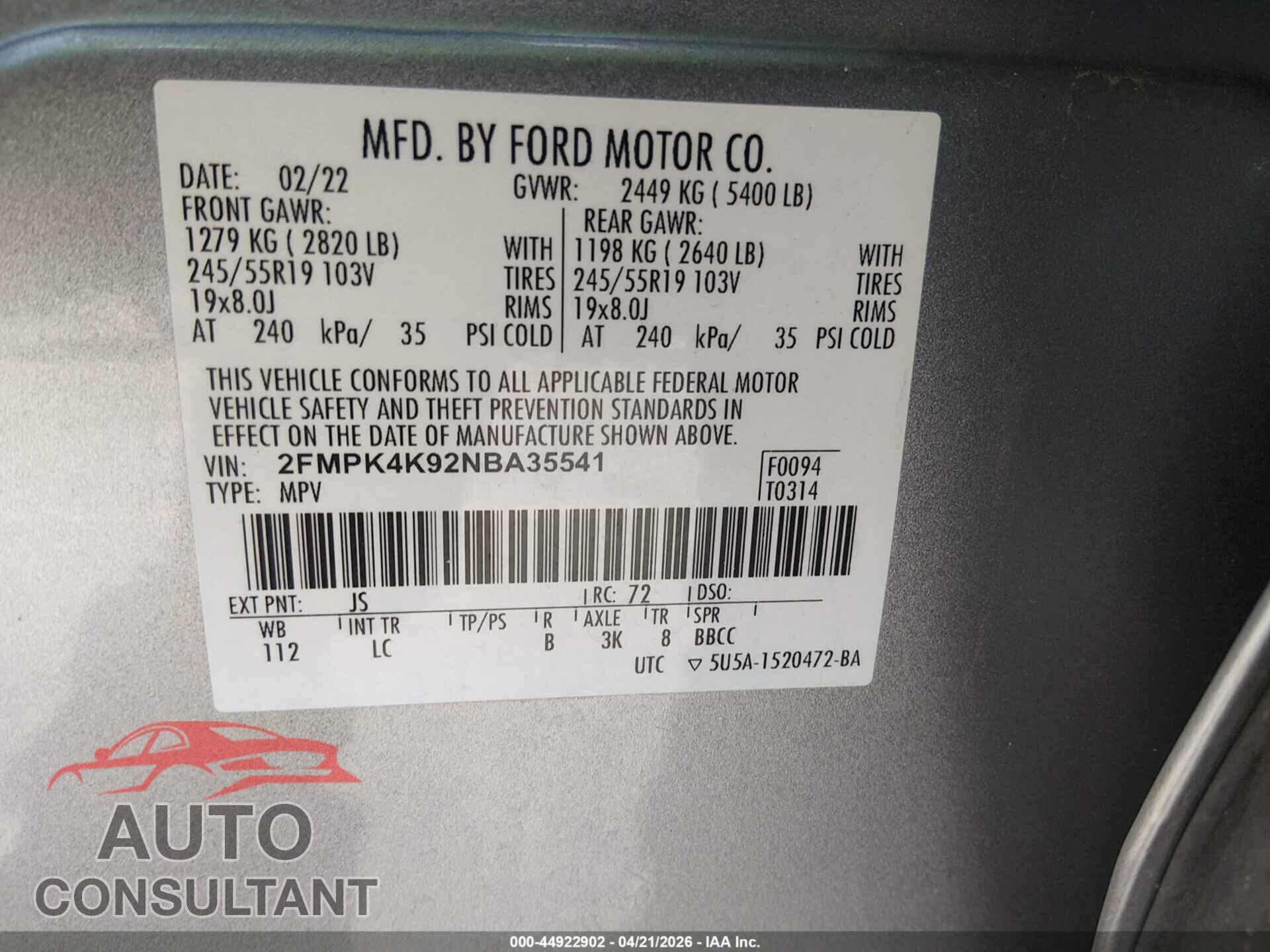 FORD EDGE 2022 - 2FMPK4K92NBA35541