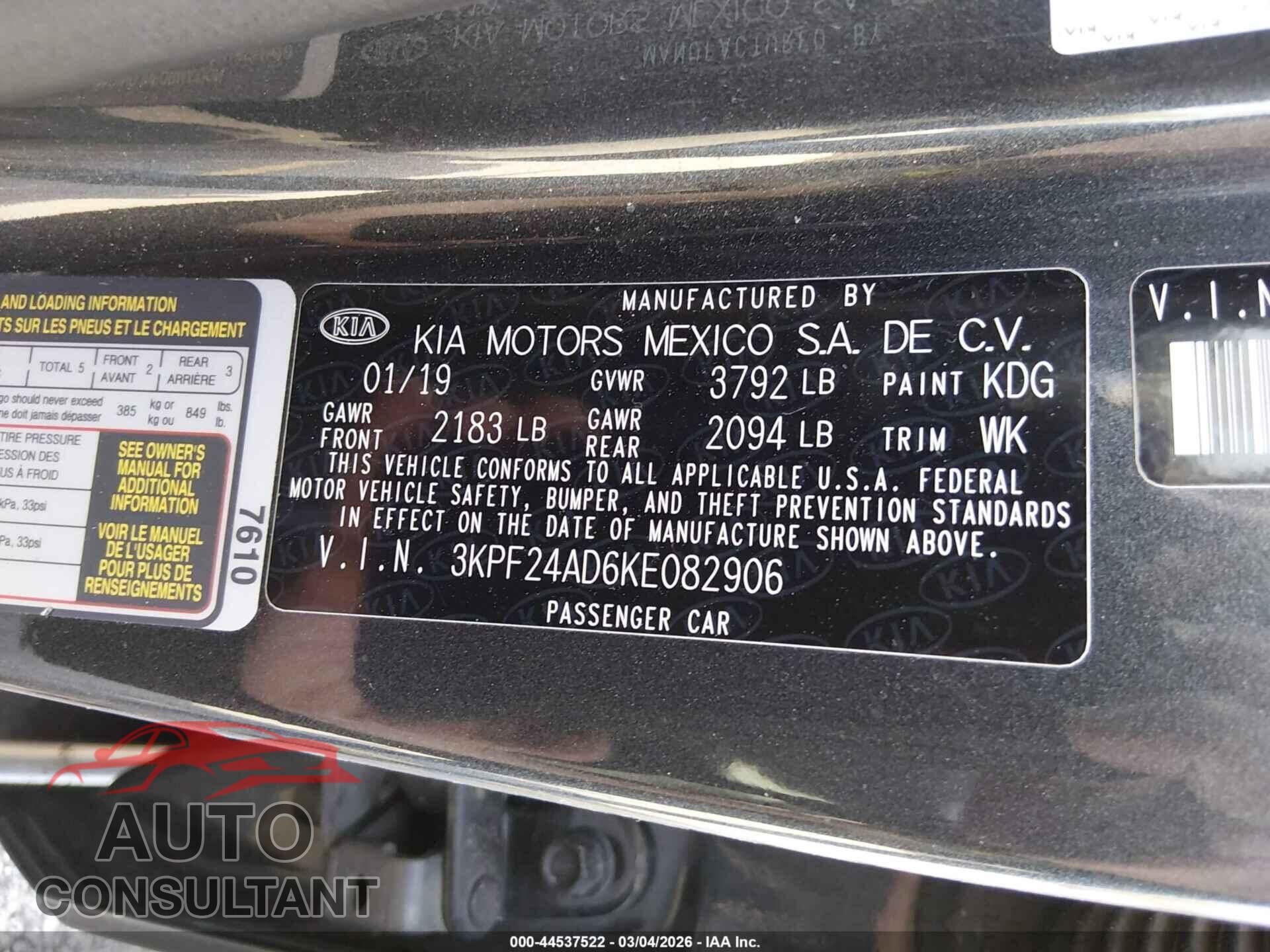KIA FORTE 2019 - 3KPF24AD6KE082906