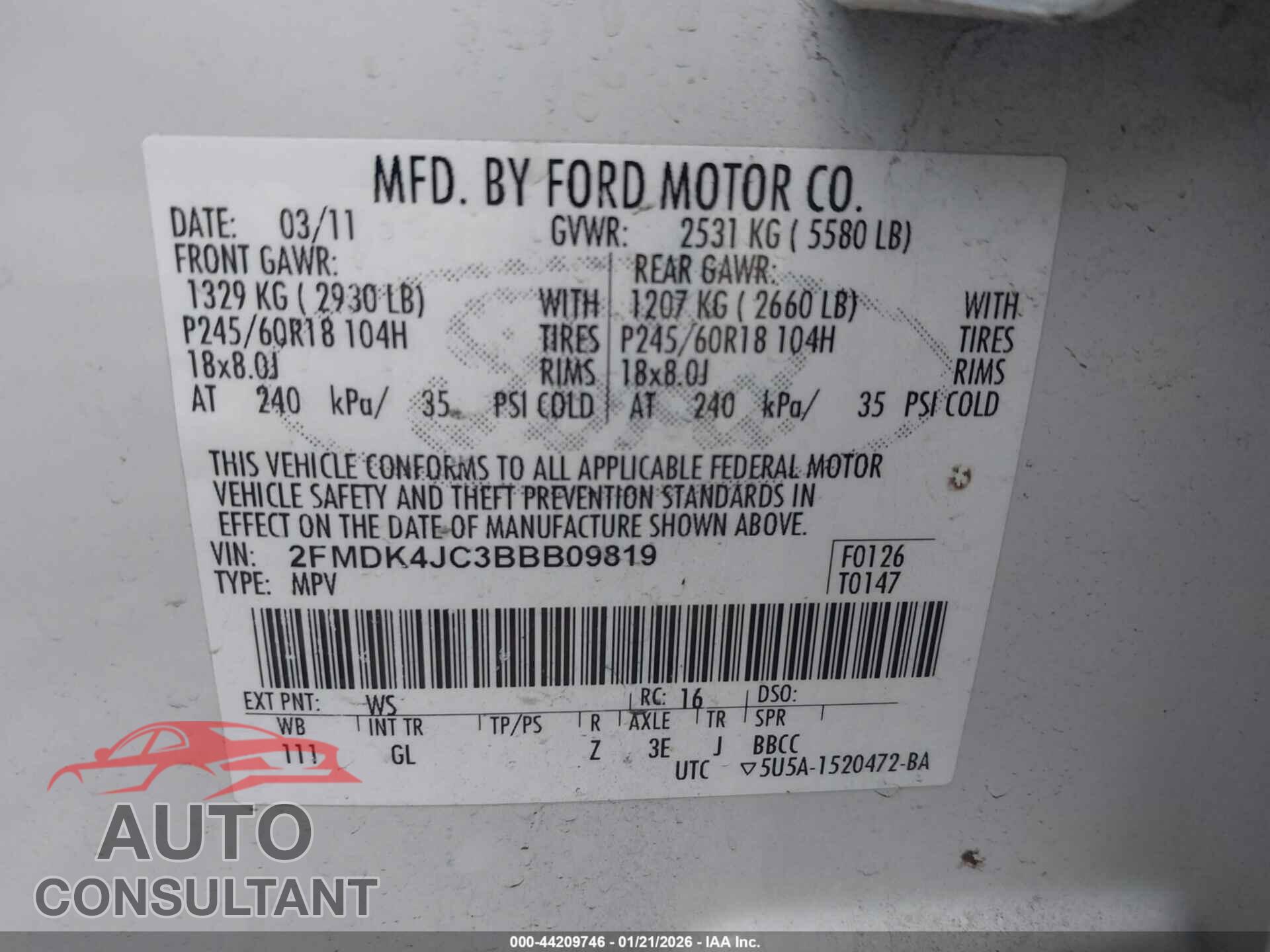FORD EDGE 2011 - 2FMDK4JC3BBB09819