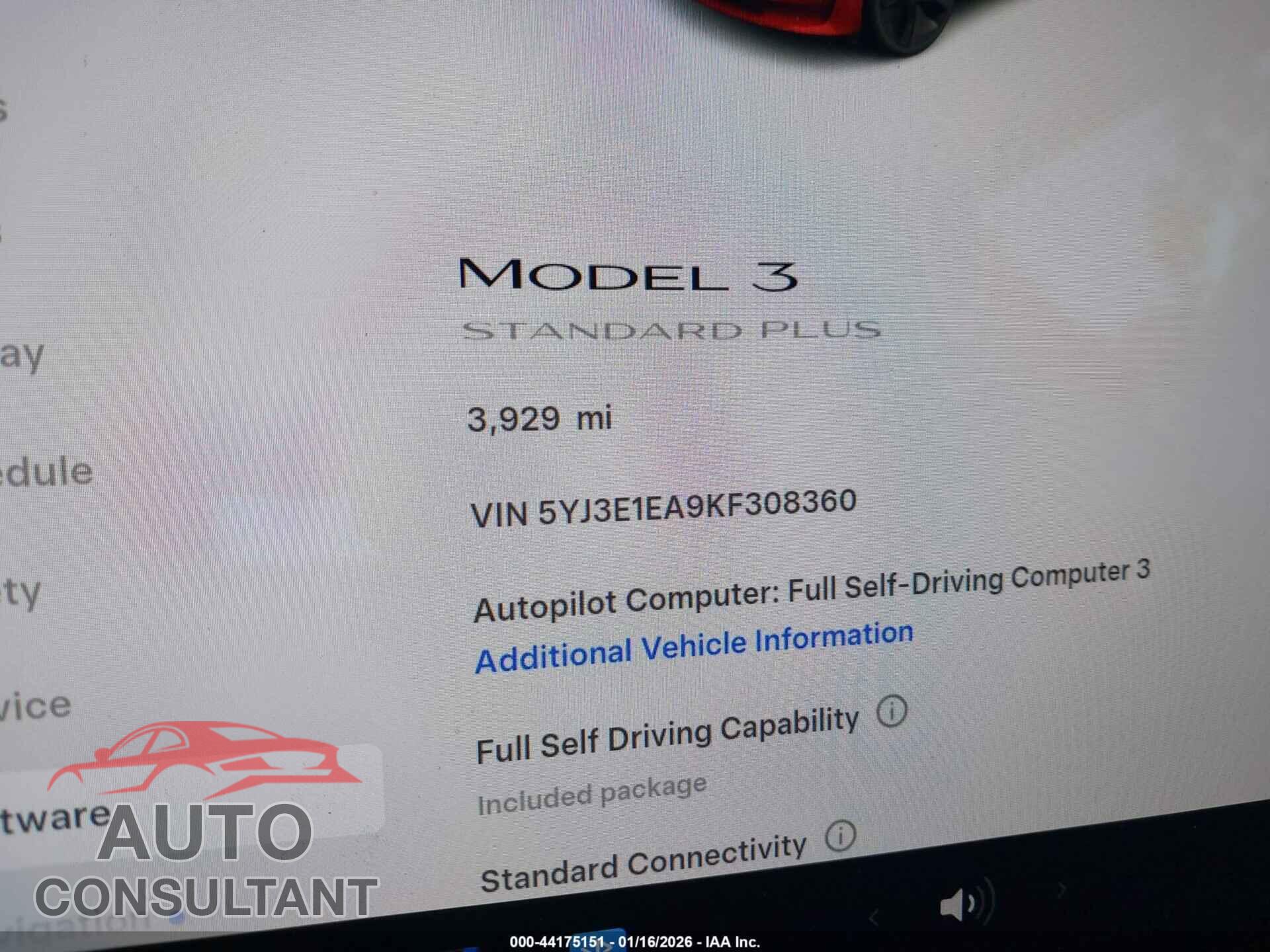 TESLA MODEL 3 2019 - 5YJ3E1EA9KF308360