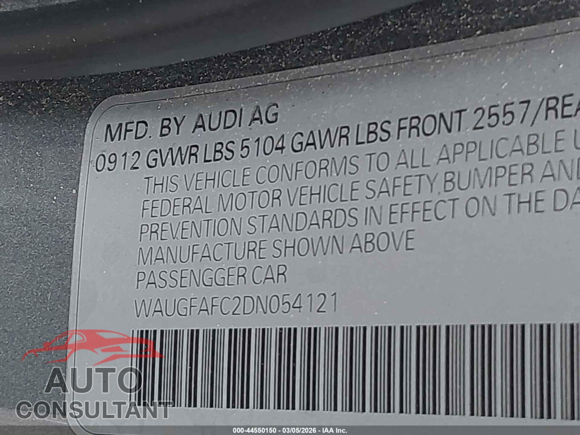 AUDI A6 2013 - WAUGFAFC2DN054121