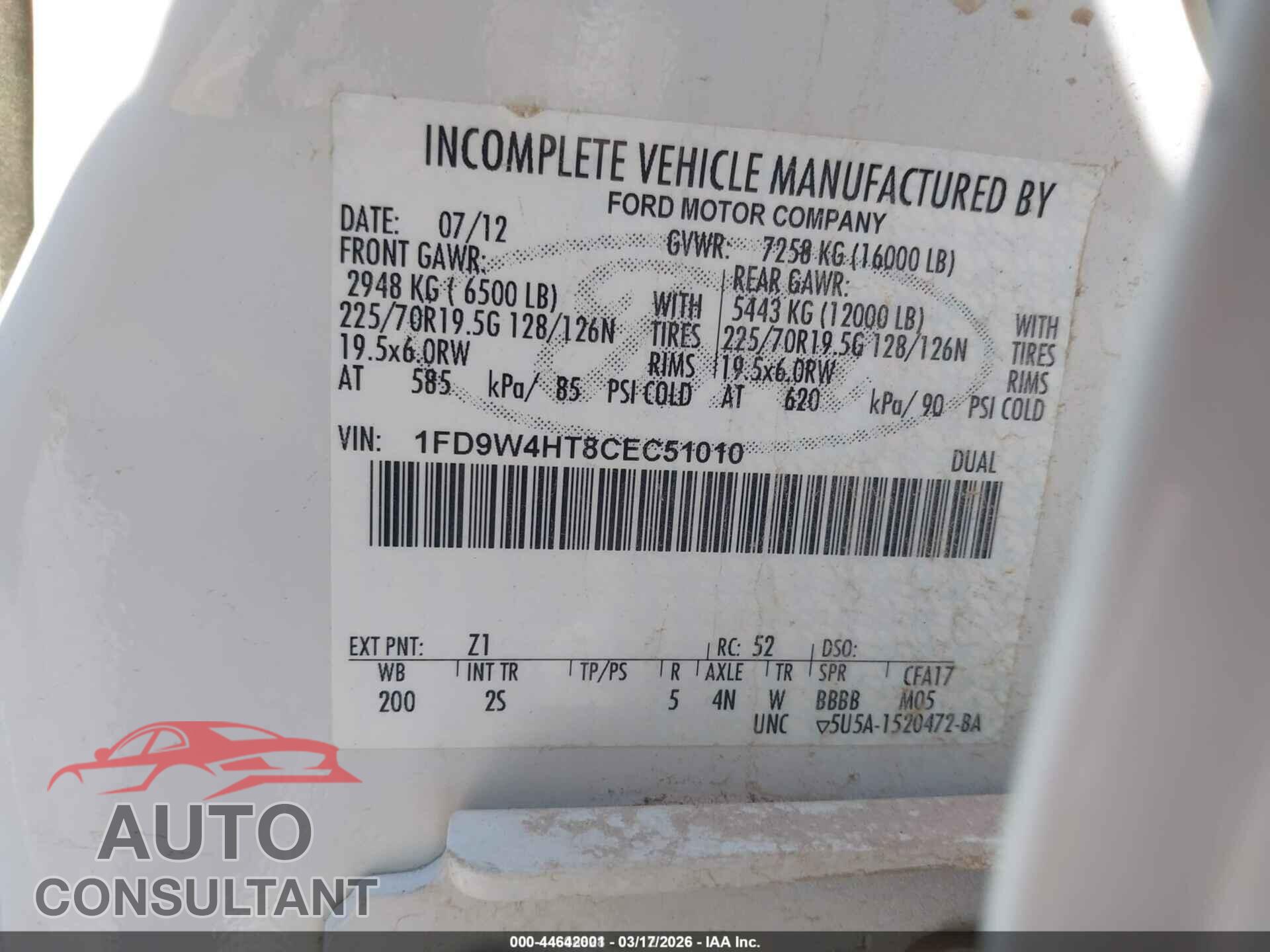 FORD F-450 CHASSIS 2012 - 1FD9W4HT8CEC51010