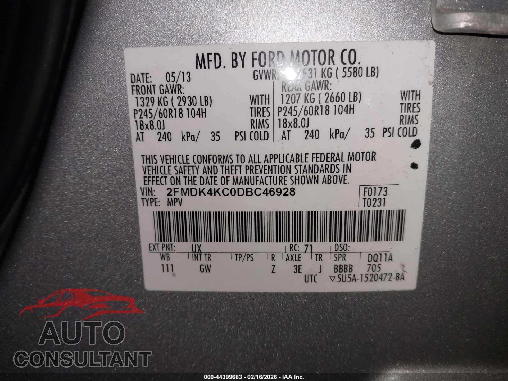 FORD EDGE 2013 - 2FMDK4KC0DBC46928