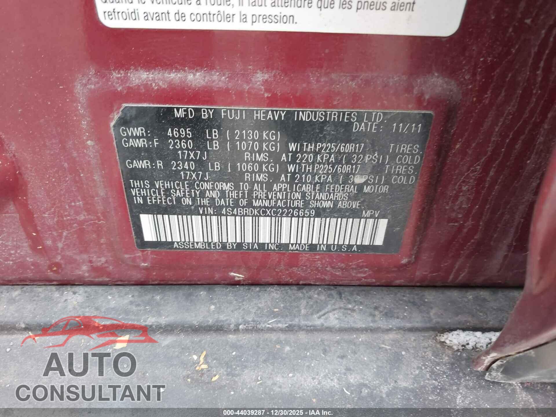 SUBARU OUTBACK 2012 - 4S4BRDKCXC2226659