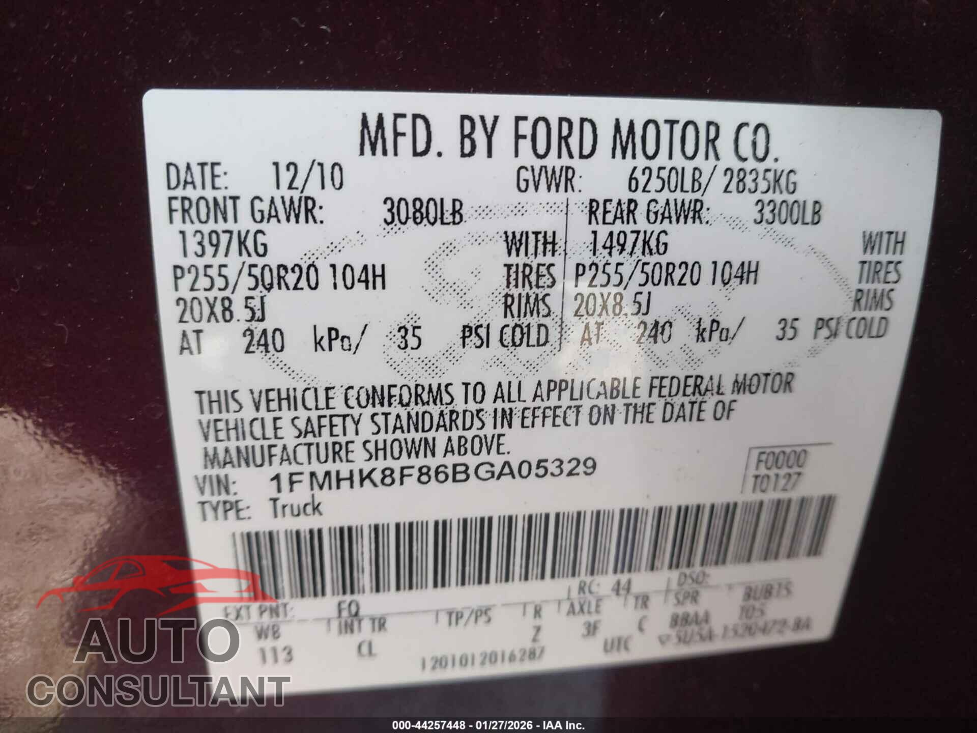 FORD EXPLORER 2011 - 1FMHK8F86BGA05329