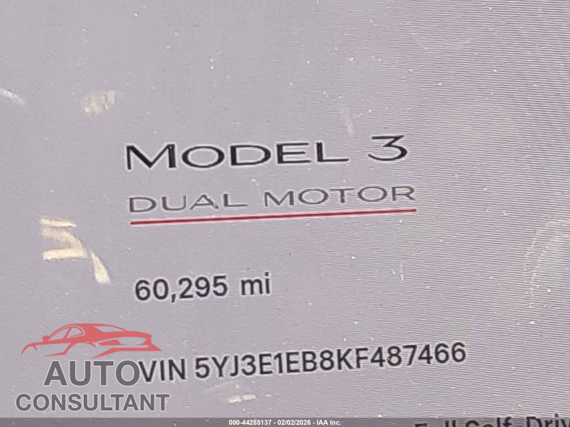 TESLA MODEL 3 2019 - 5YJ3E1EB8KF487466