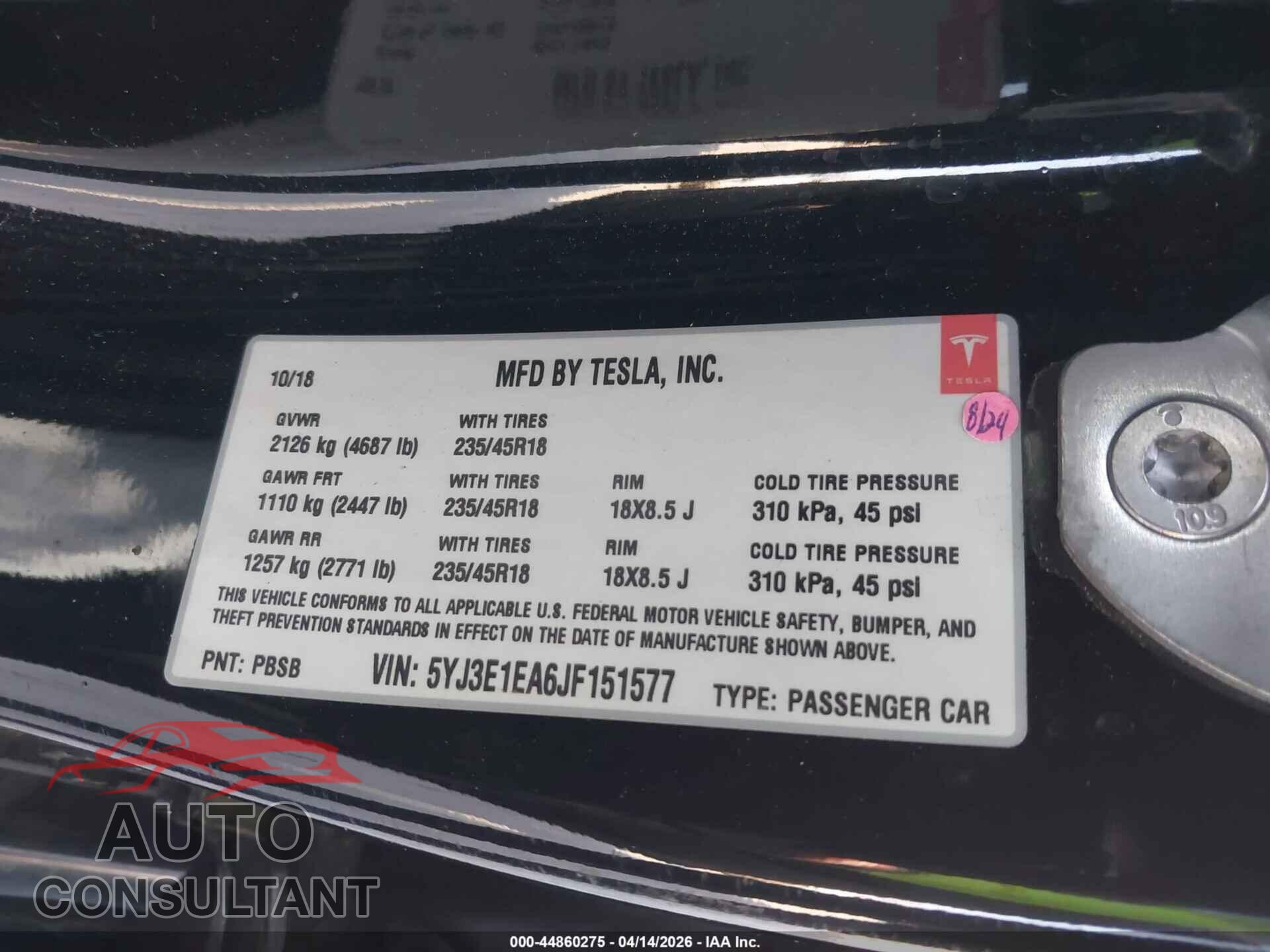 TESLA MODEL 3 2018 - 5YJ3E1EA6JF151577