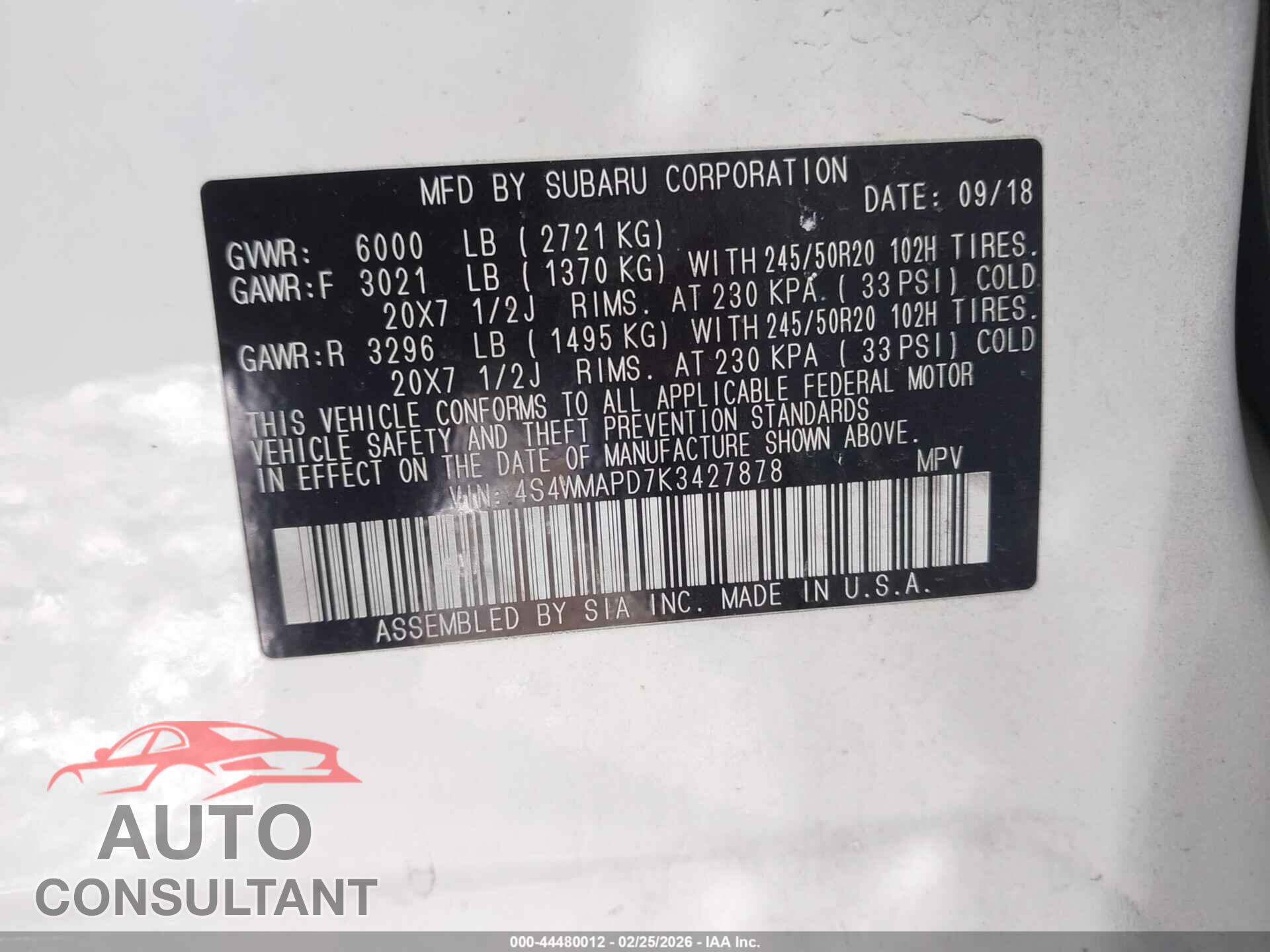 SUBARU ASCENT 2019 - 4S4WMAPD7K3427878