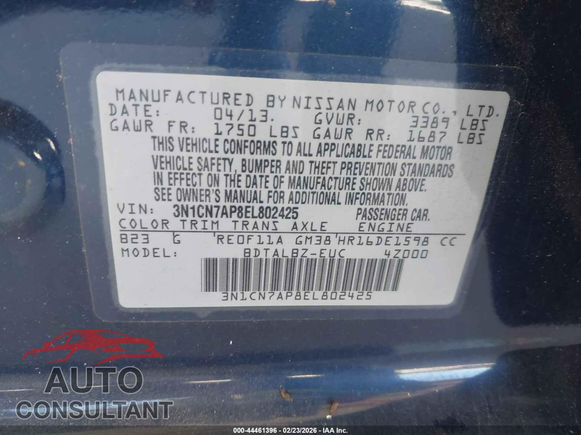 NISSAN VERSA 2014 - 3N1CN7AP8EL802425