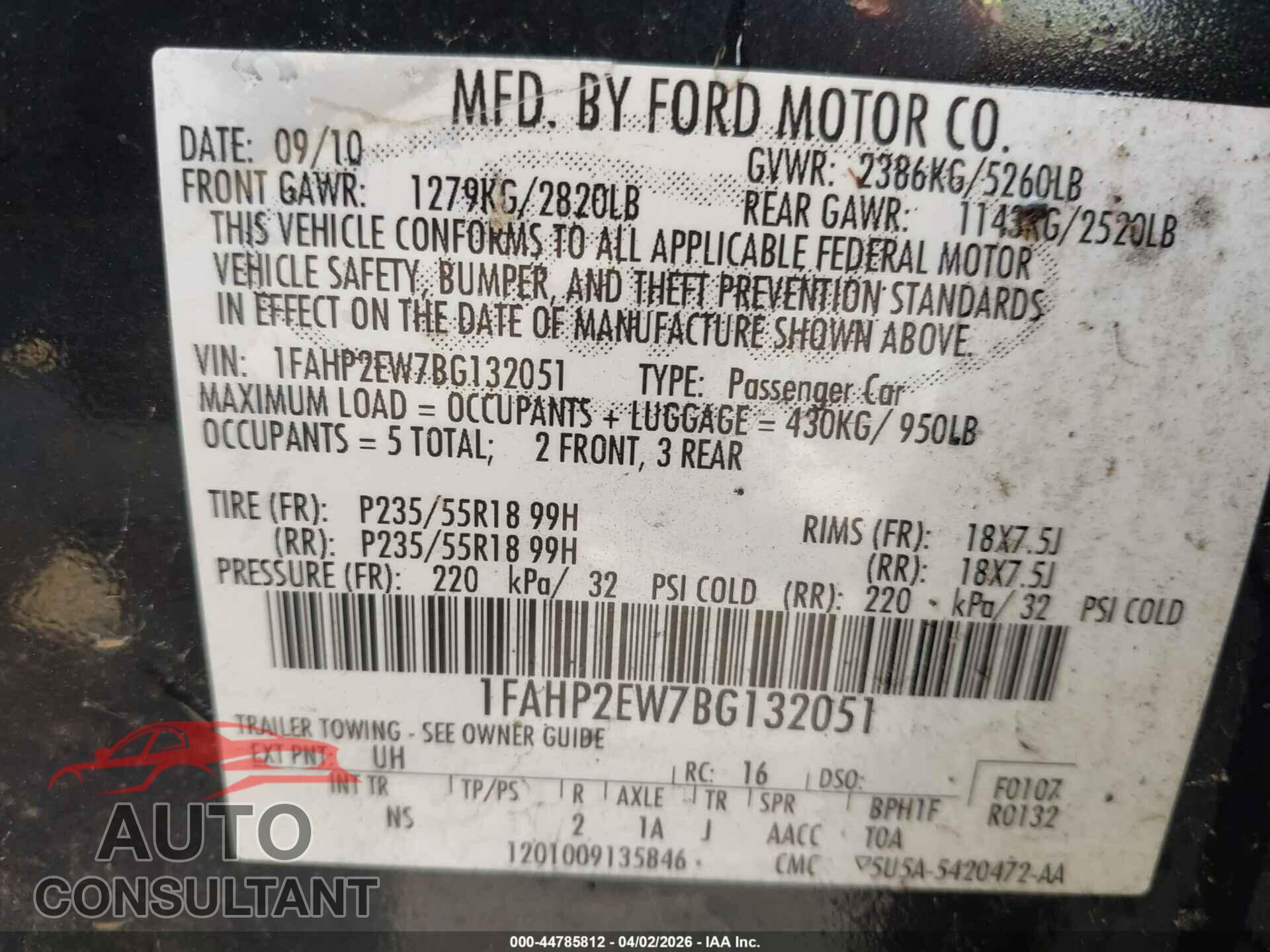 FORD TAURUS 2011 - 1FAHP2EW7BG132051