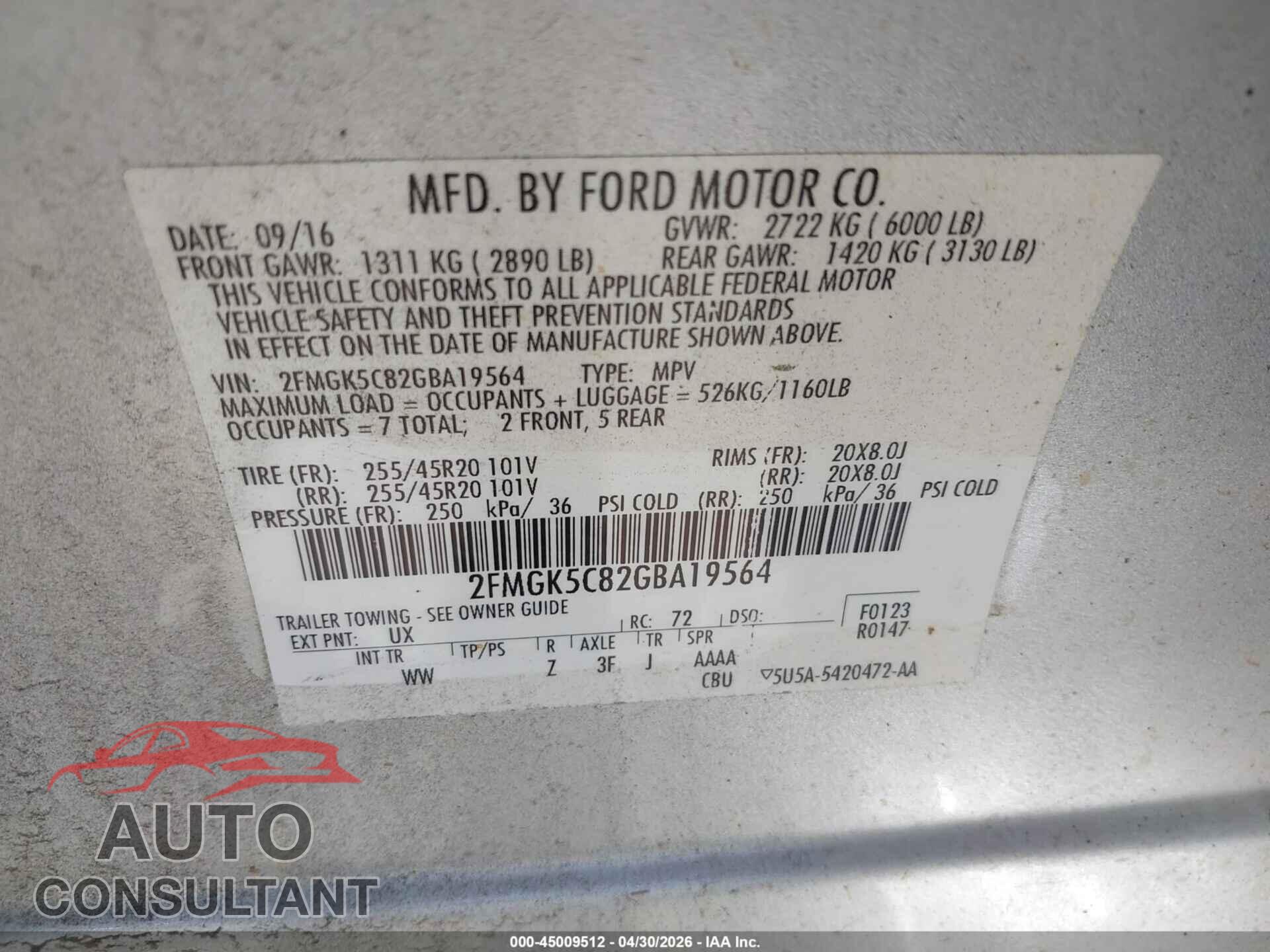 FORD FLEX 2016 - 2FMGK5C82GBA19564