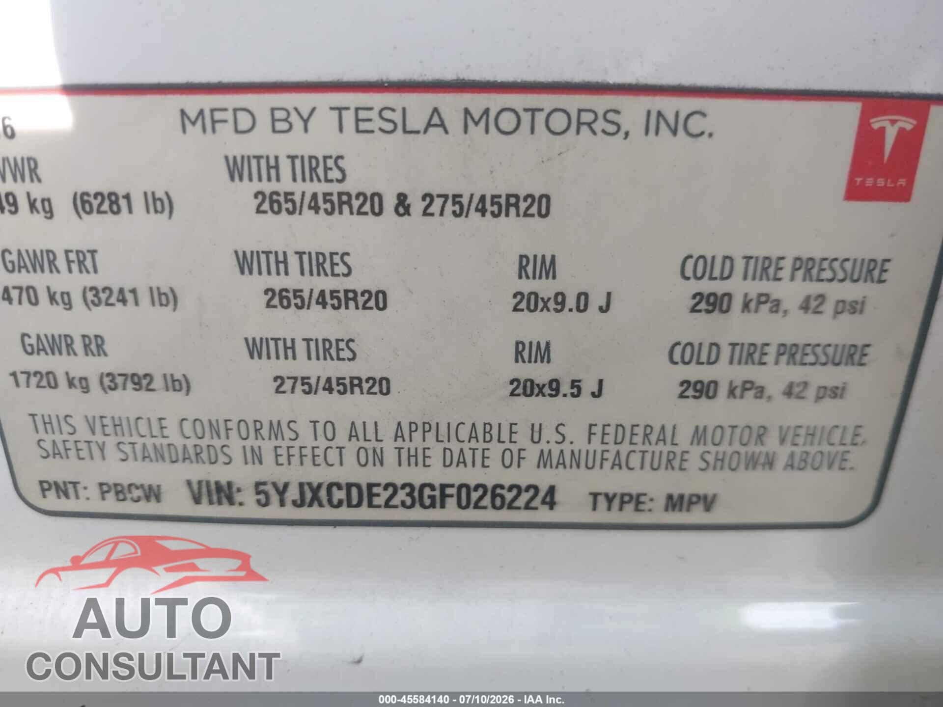 TESLA MODEL X 2016 - 5YJXCDE23GF026224