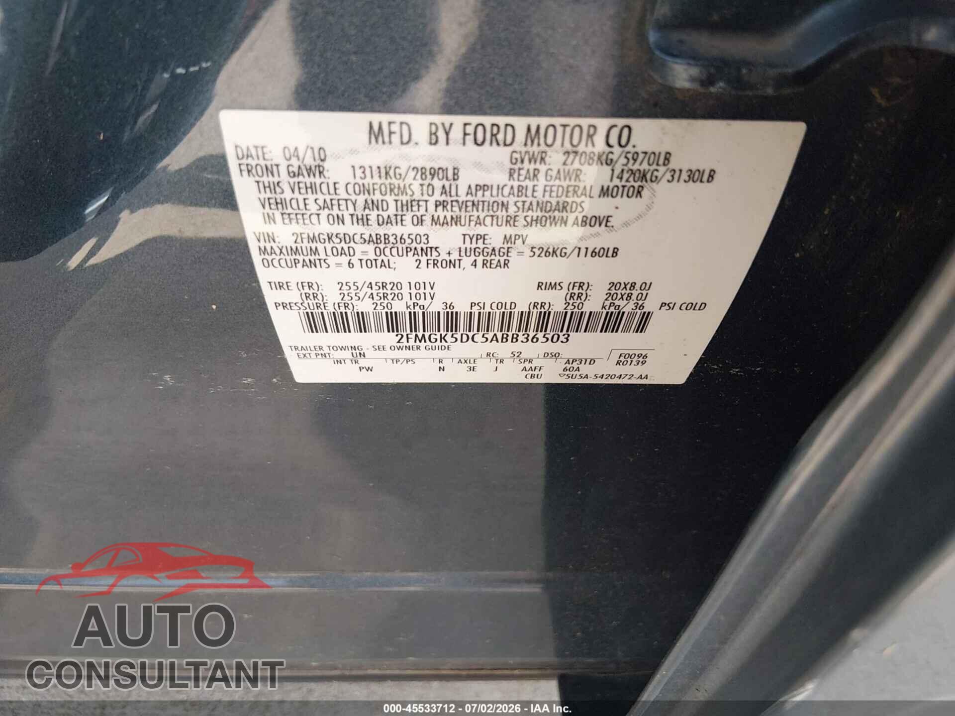 FORD FLEX 2010 - 2FMGK5DC5ABB36503