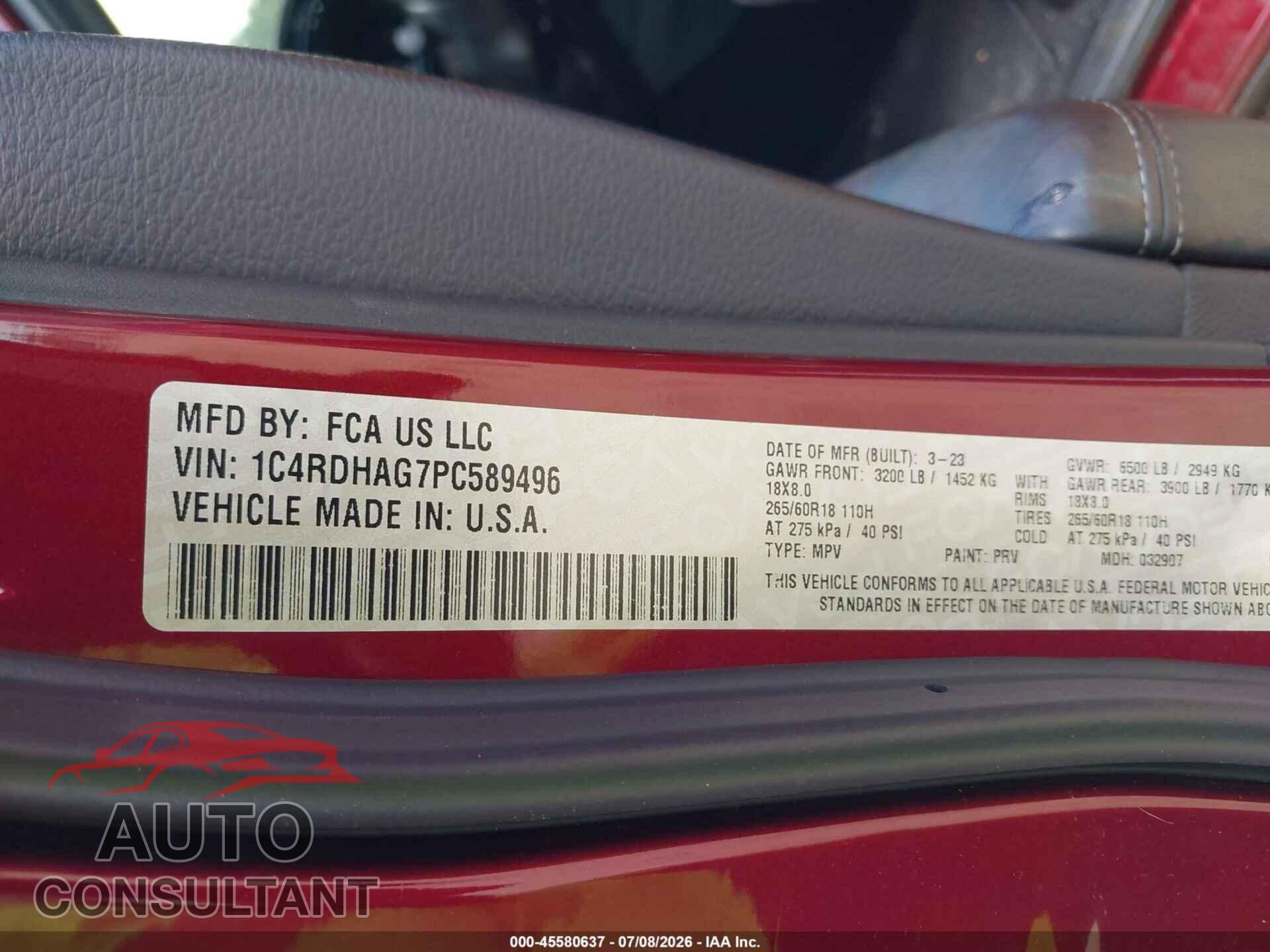 DODGE DURANGO 2023 - 1C4RDHAG7PC589496