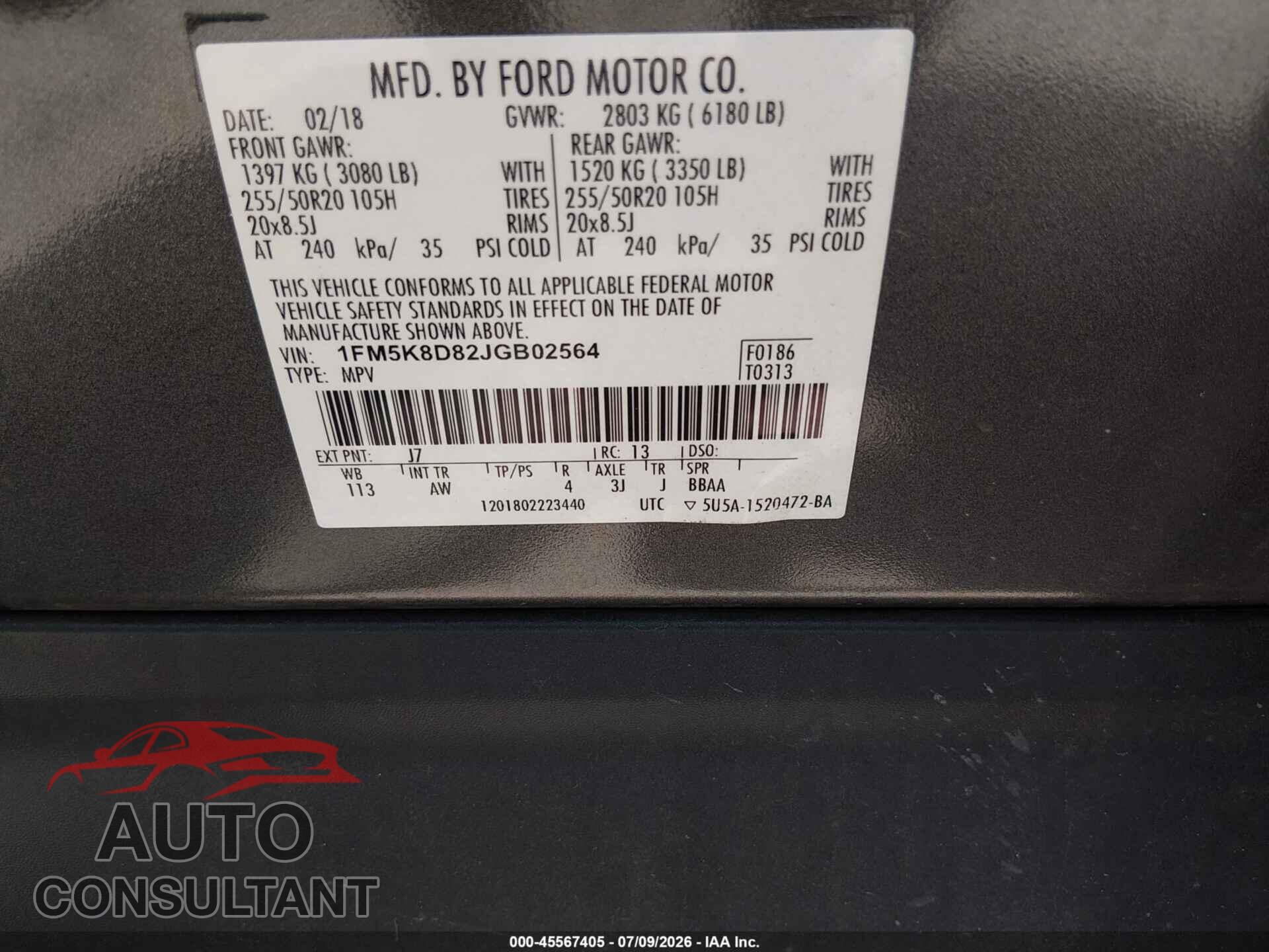 FORD EXPLORER 2018 - 1FM5K8D82JGB02564