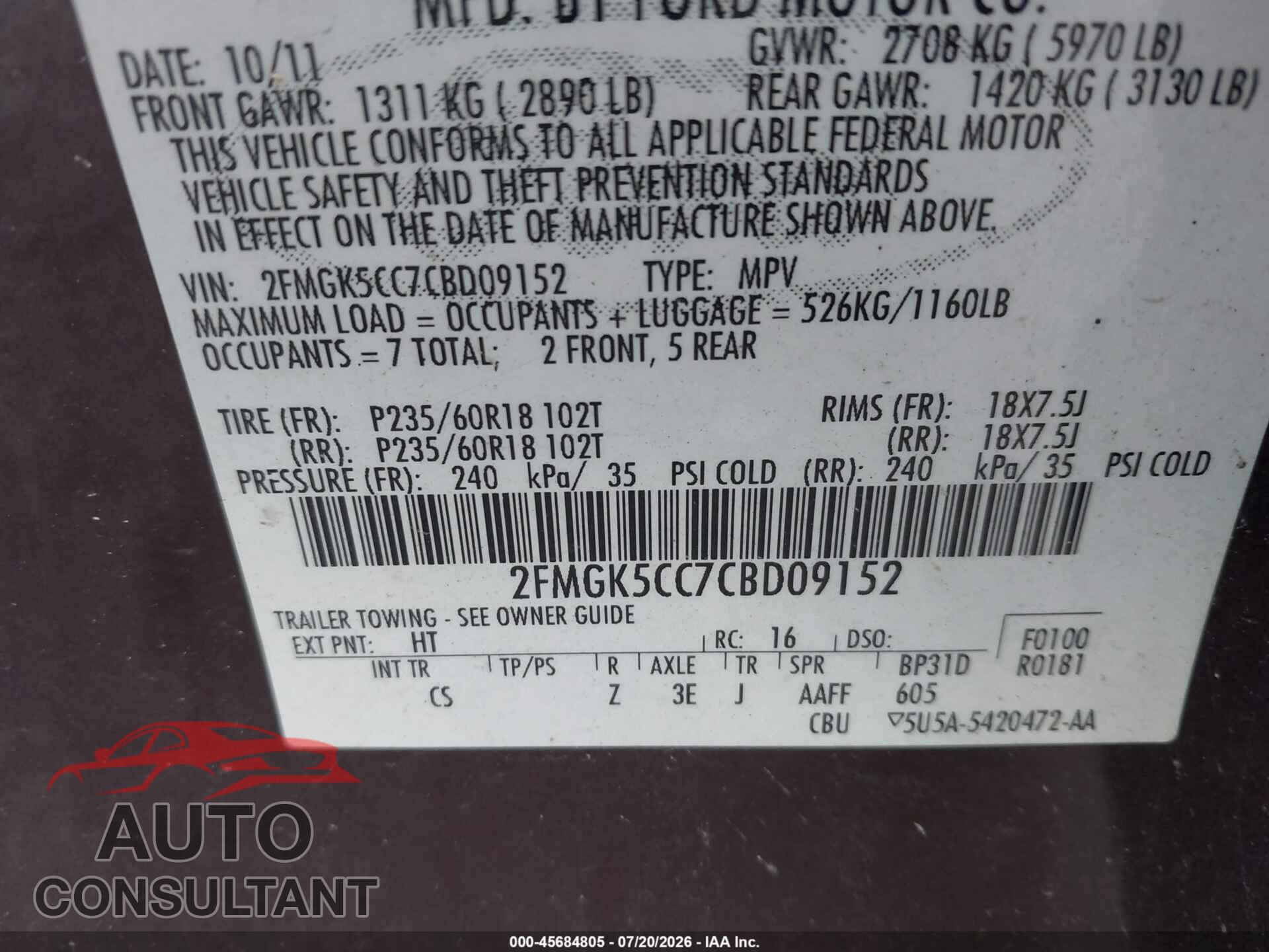 FORD FLEX 2012 - 2FMGK5CC7CBD09152