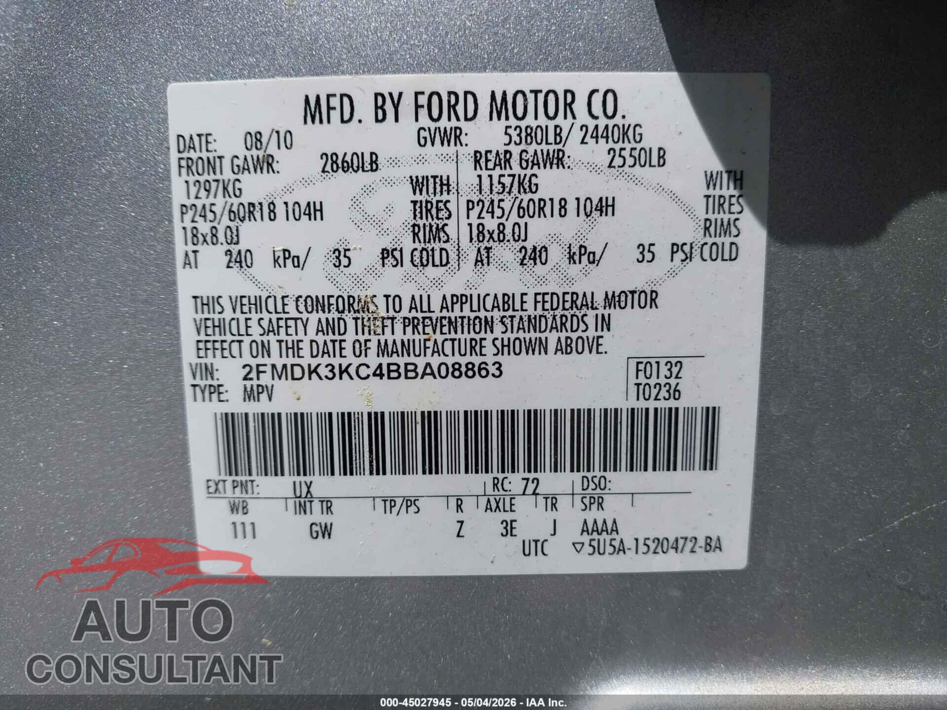 FORD EDGE 2011 - 2FMDK3KC4BBA08863